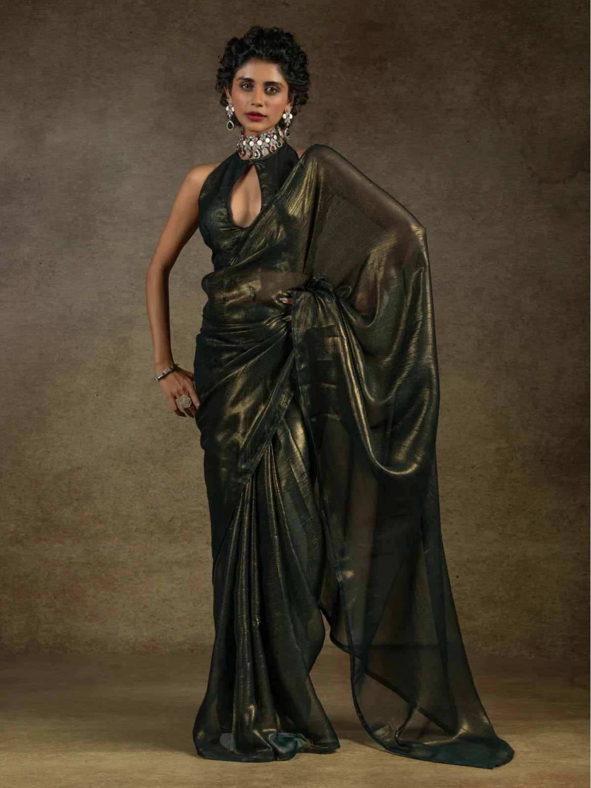 Tarani green satin chiffon party wear saree full view with sheer drape and elegant styling