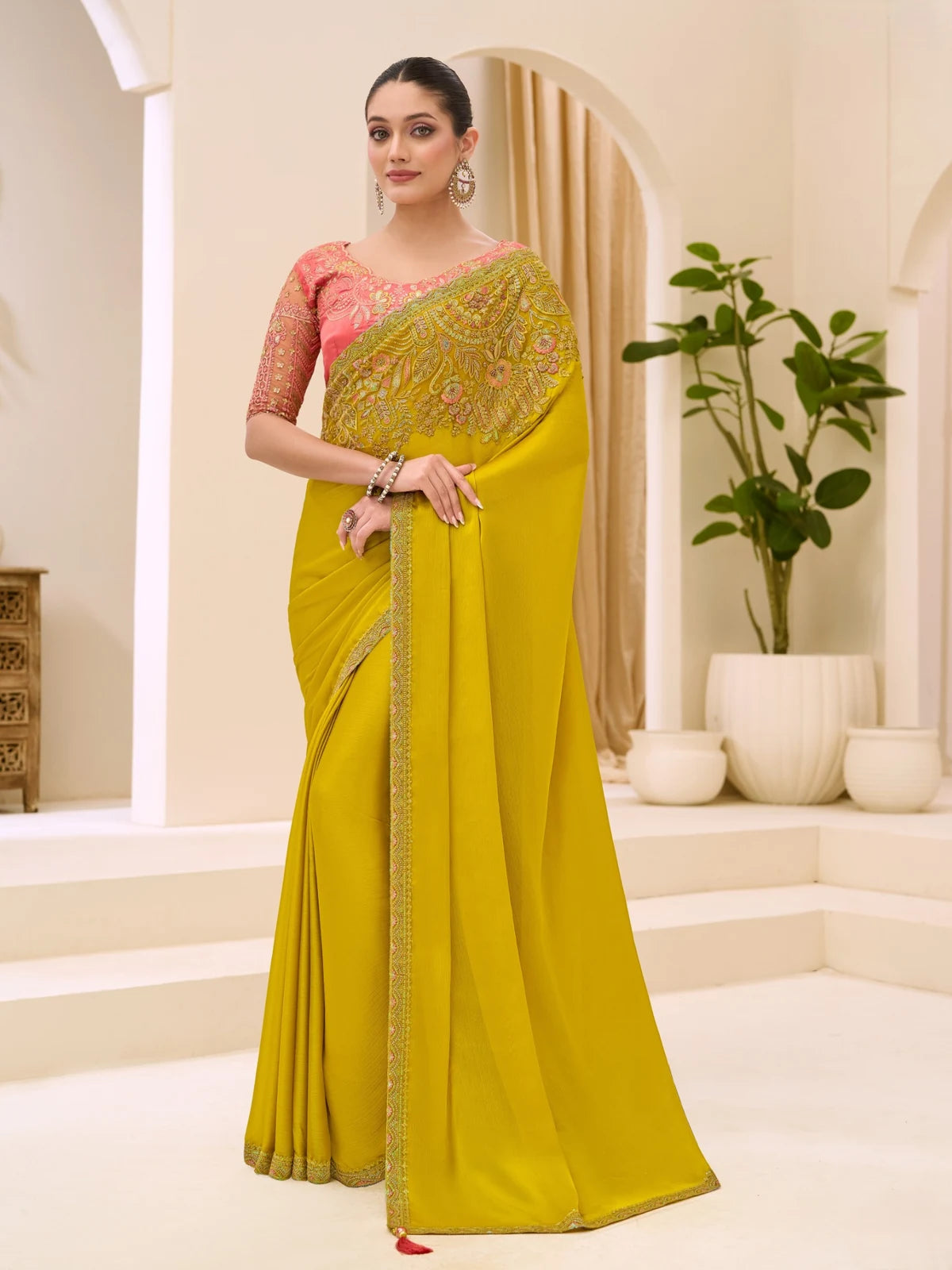 Tarani Ekanshi mustard satin chiffon saree with embroidered blouse full view party wear