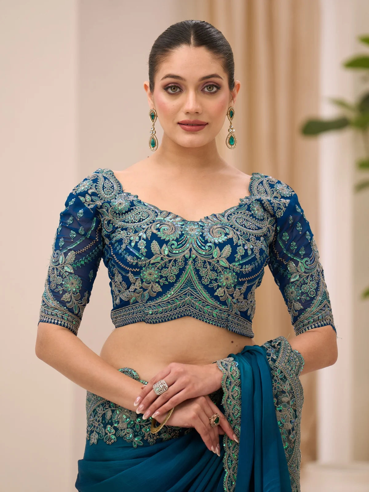 Tarani Agnya embroidered Banglori blouse close up with rama green satin chiffon saree detailing