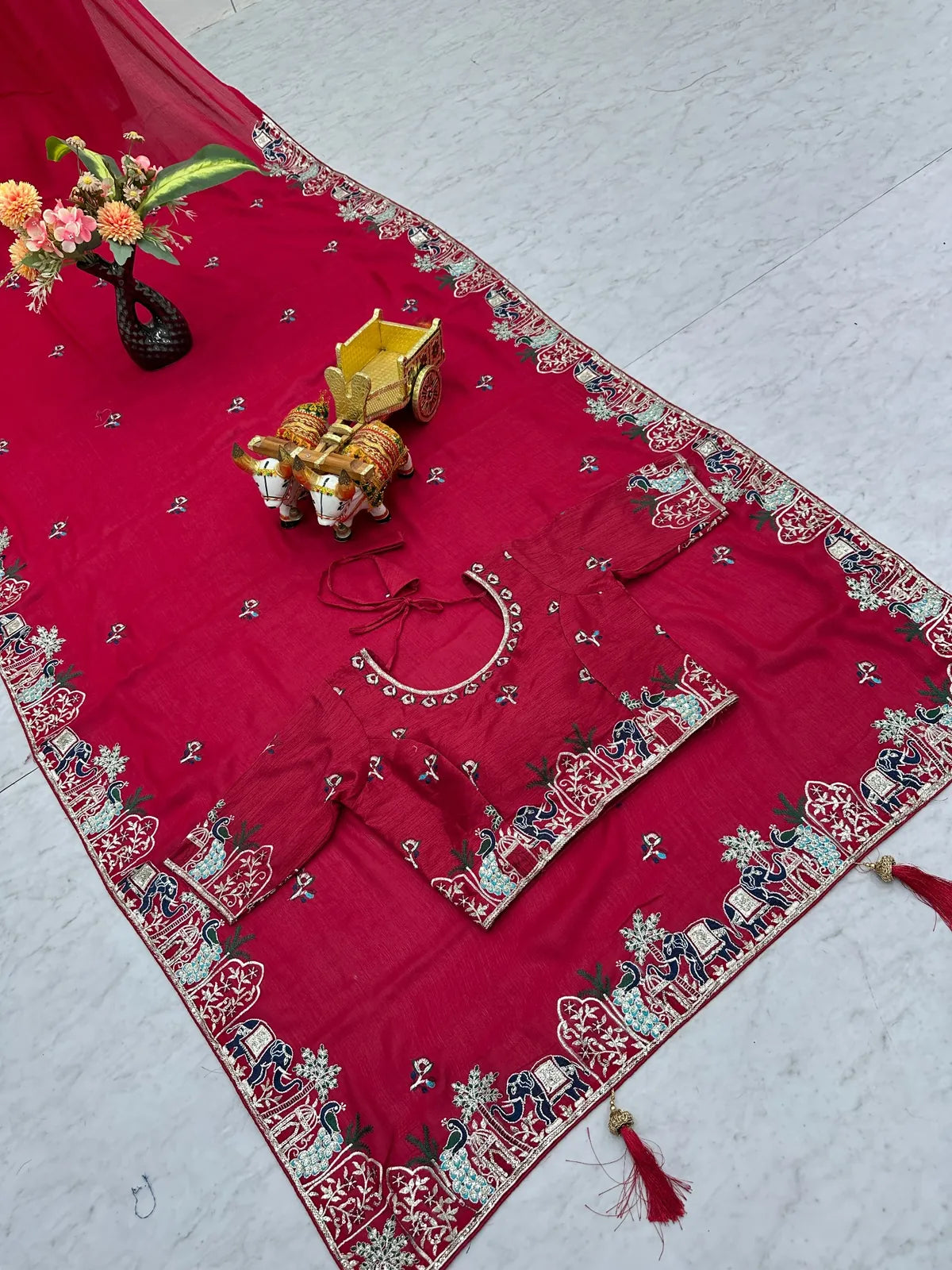 Tarani satin chiffon saree blouse piece with embroidery work and latakan detailed blouse view