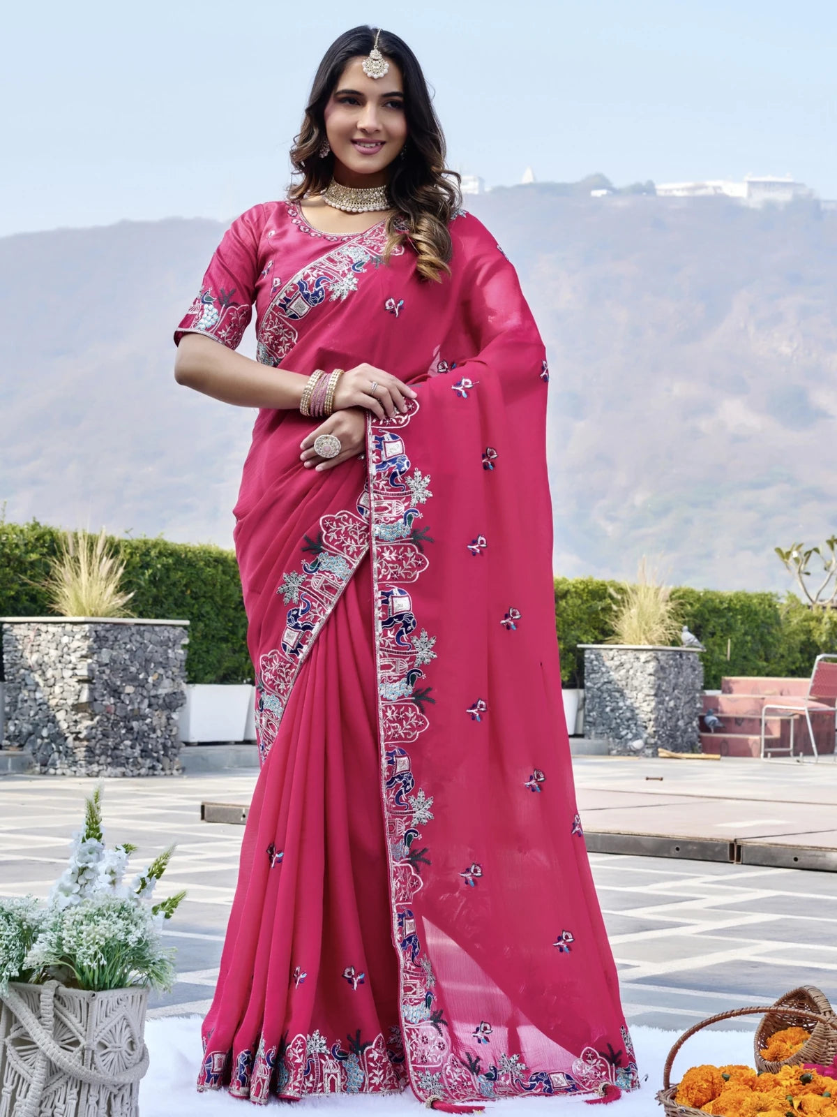 Tarani magenta satin chiffon saree with embroidery work for wedding and festive wear full view