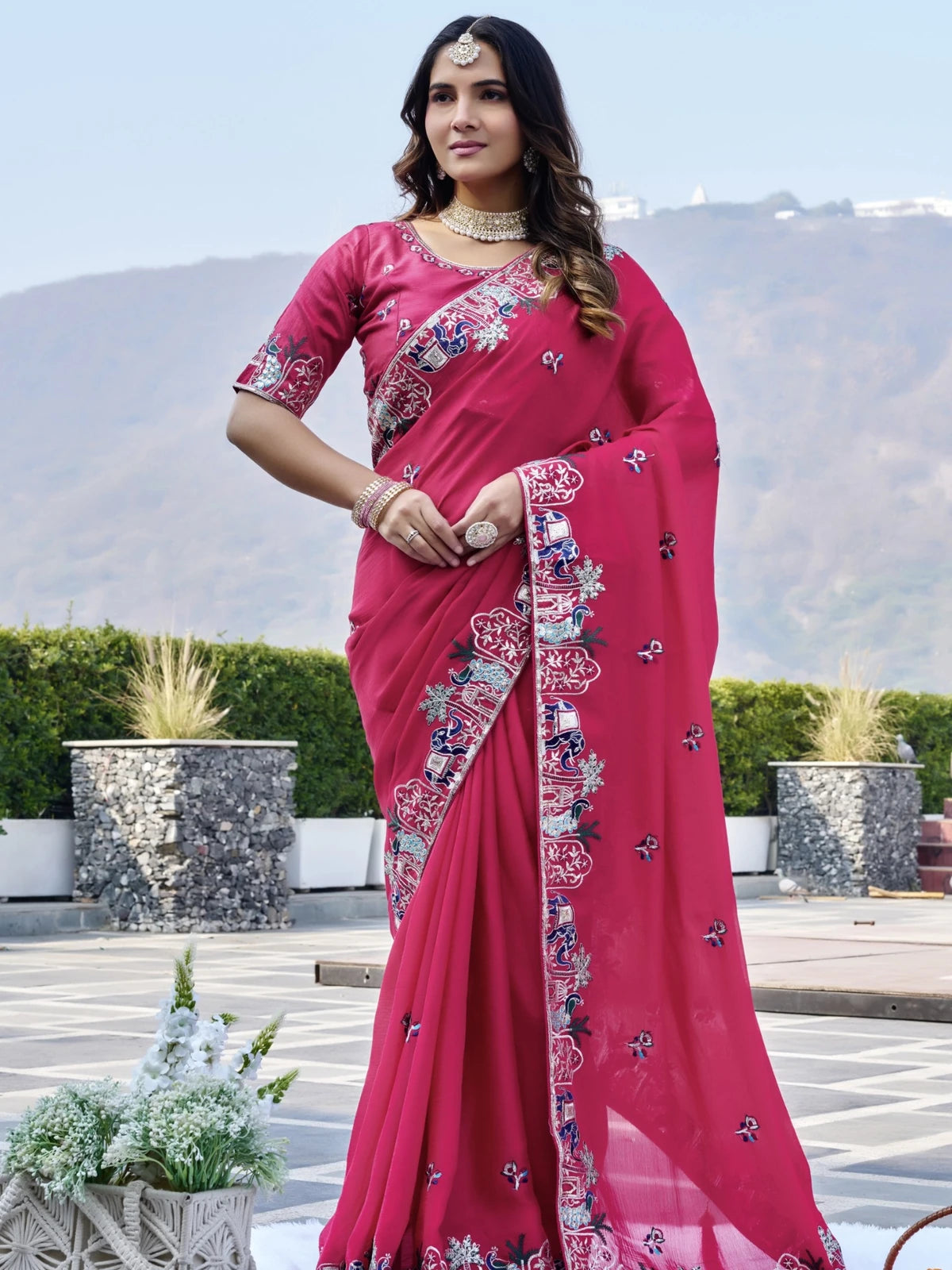 Tarani wedding wear magenta satin chiffon saree with detailed embroidered border full front view