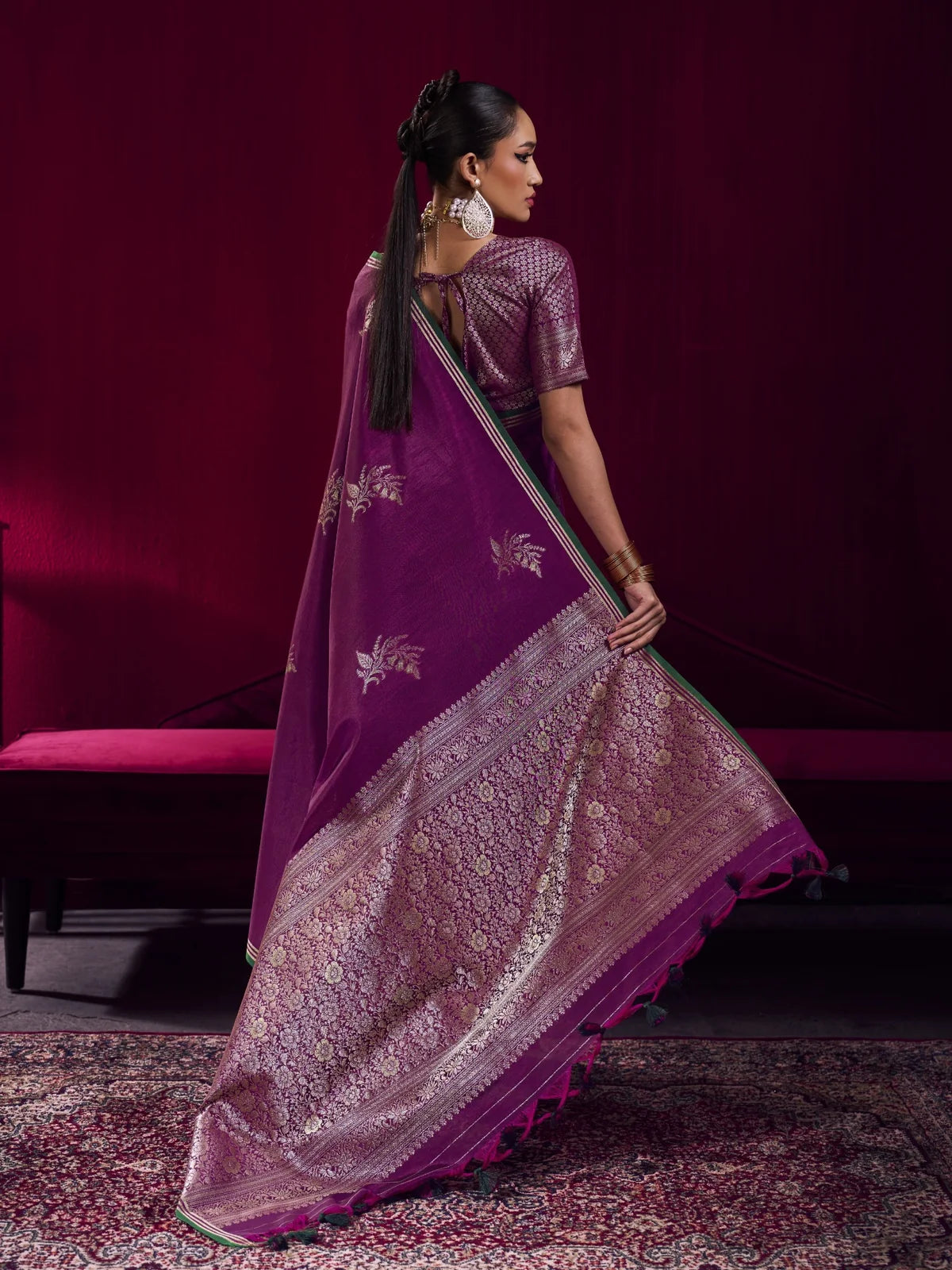 Tarani purple satin linen saree back view with elegant woven pallu and tassels