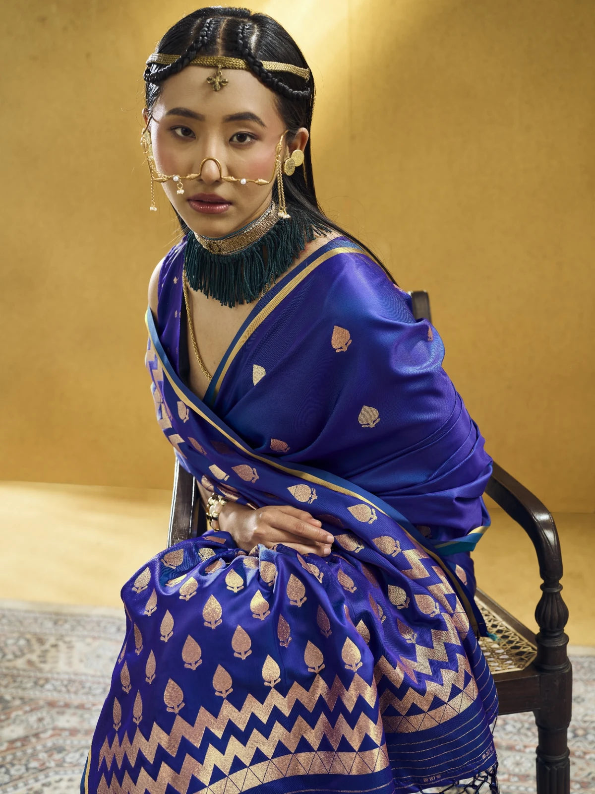 Tarani royal blue Pure Satin Handloom Weaving saree with woven motifs closeup-view