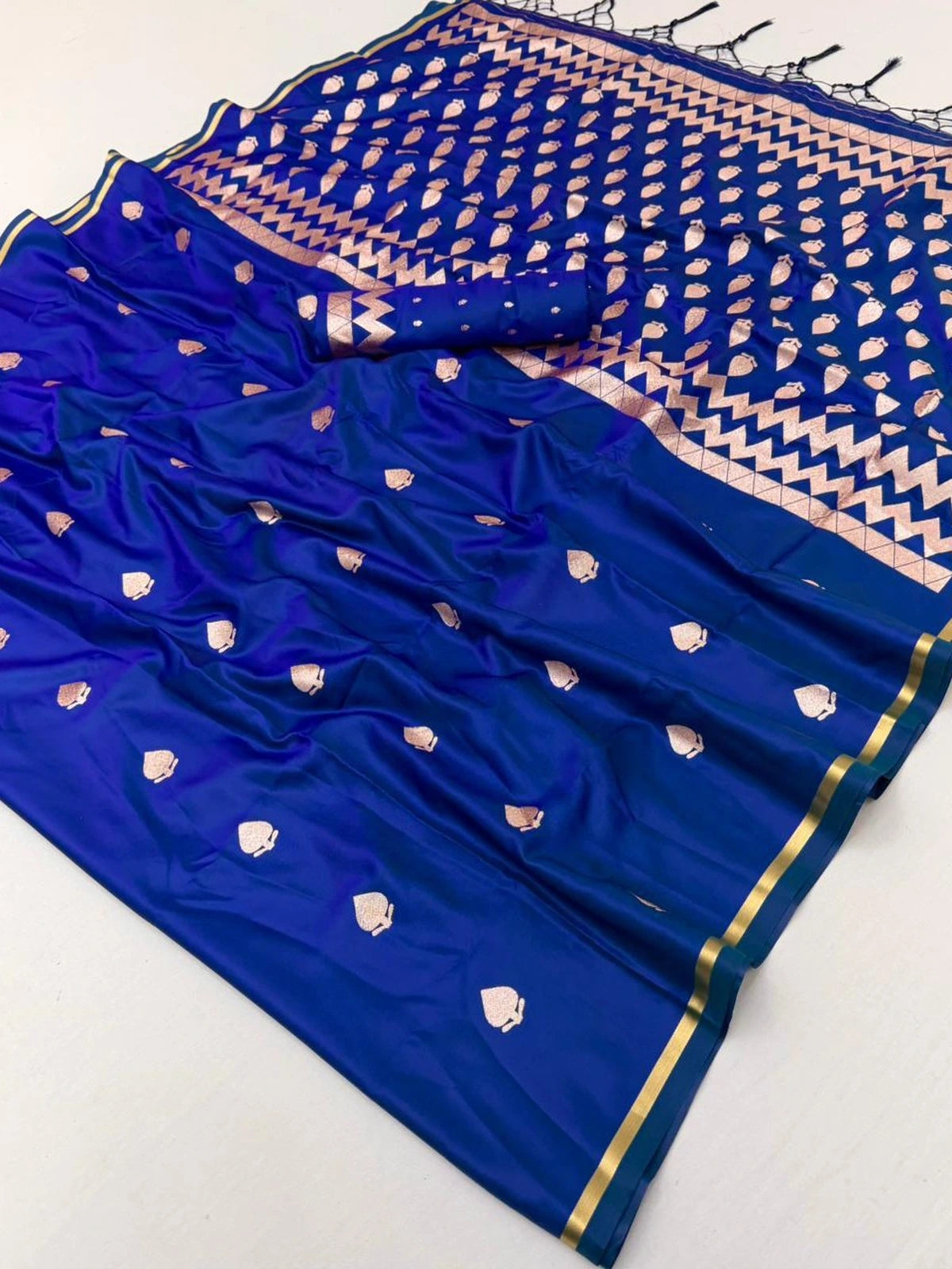 Tarani royal blue Pure Satin Handloom Weaving saree with woven motifs pallu-view