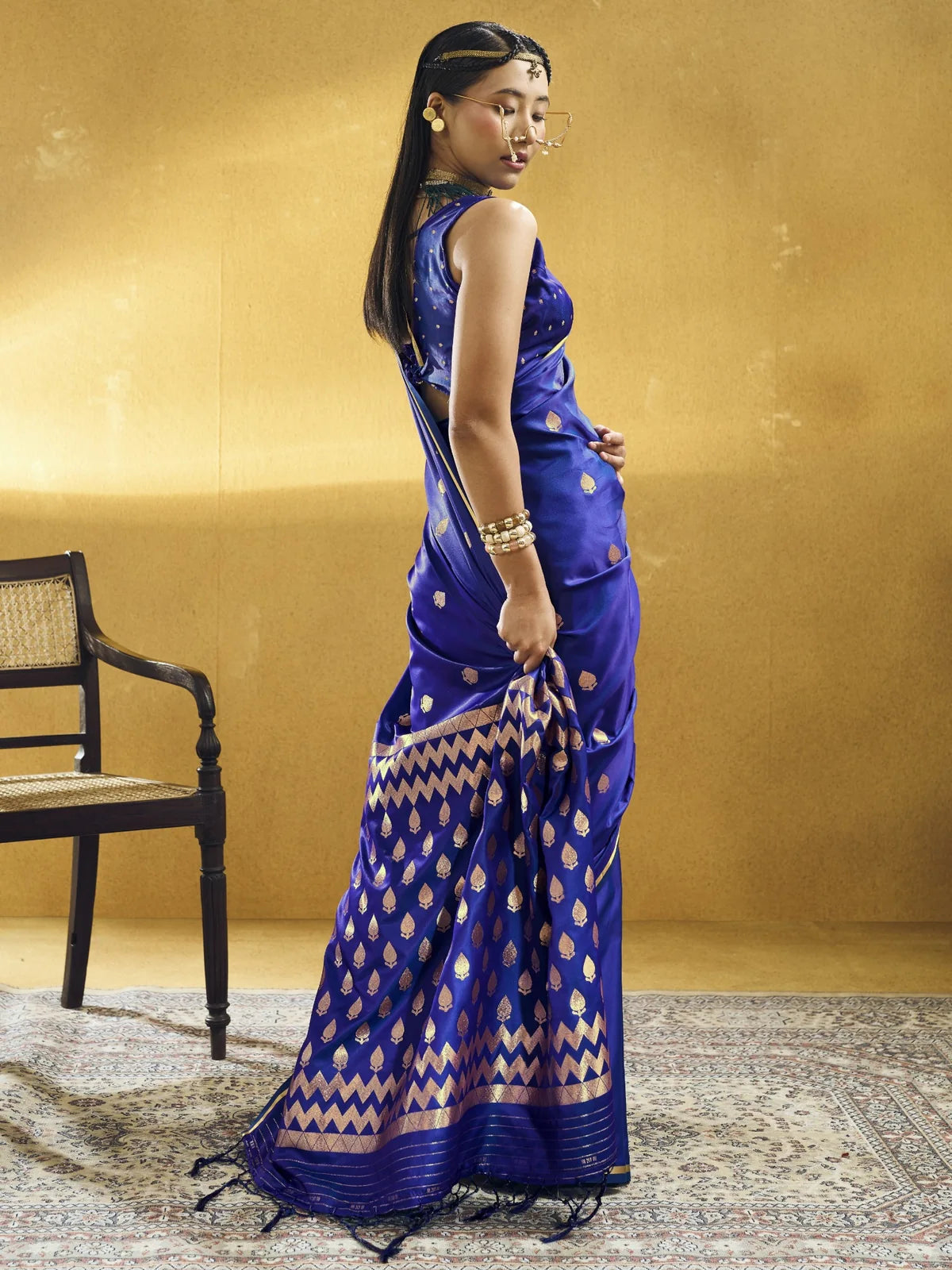 Tarani royal blue Pure Satin Handloom Weaving saree with woven motifs side-view