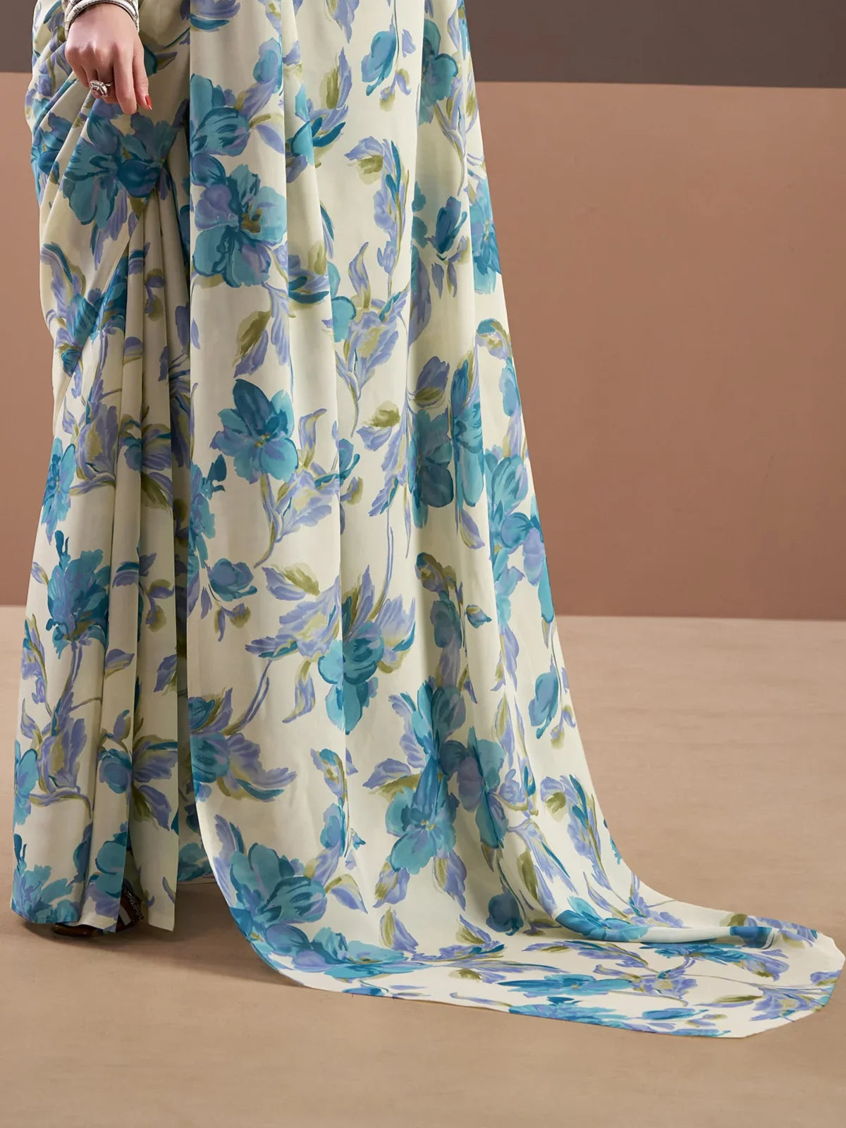 Tarani premium satin silk saree with elegant floral print in cream closeup