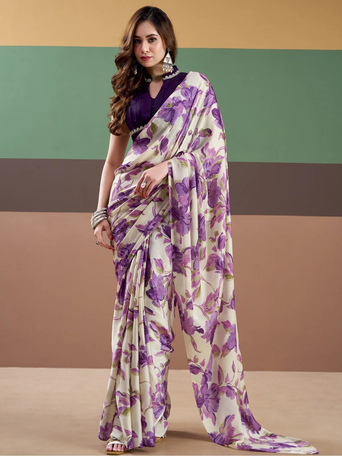 Tarani cream satin saree with floral print and full stitched contrast blouse front full view