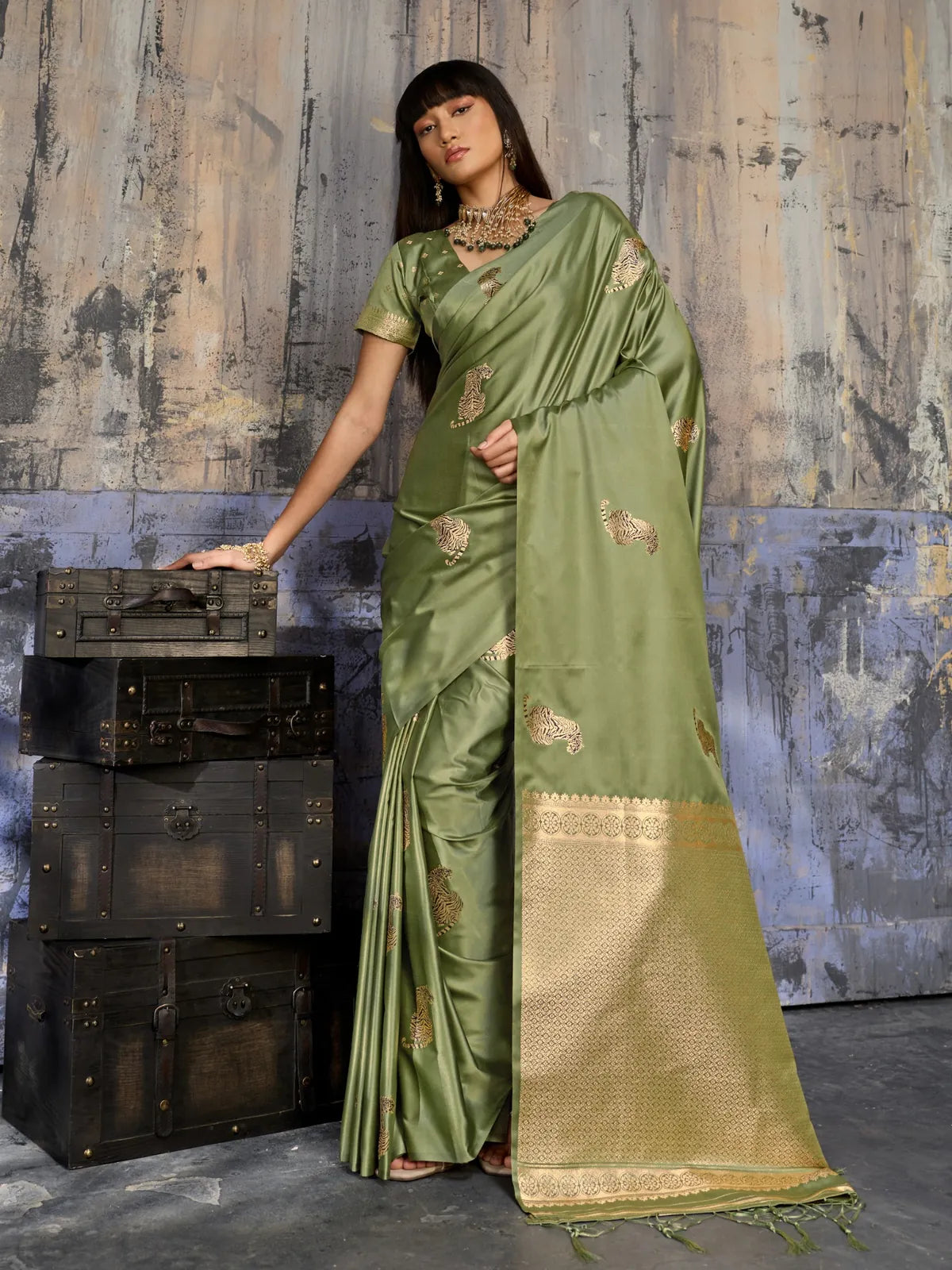 Tarani pure satin weaving green saree front view with traditional festive styling