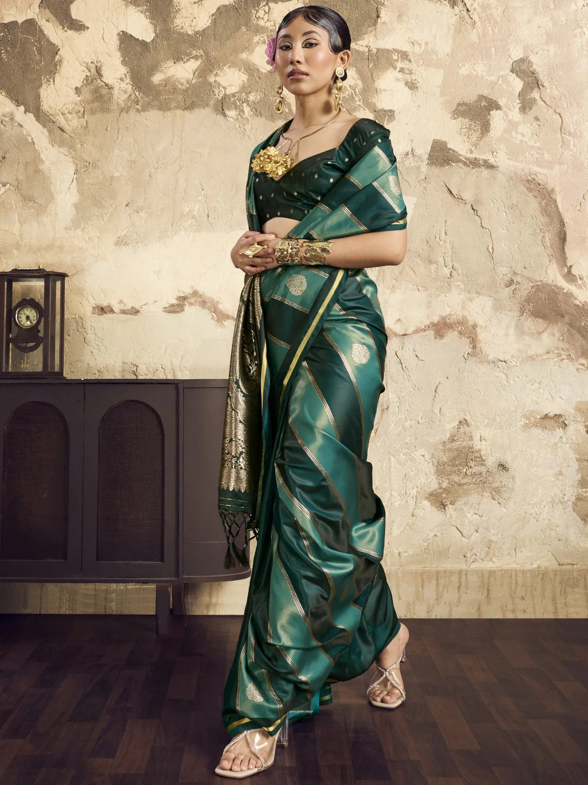 Tarani green dual tone satin saree front walking view