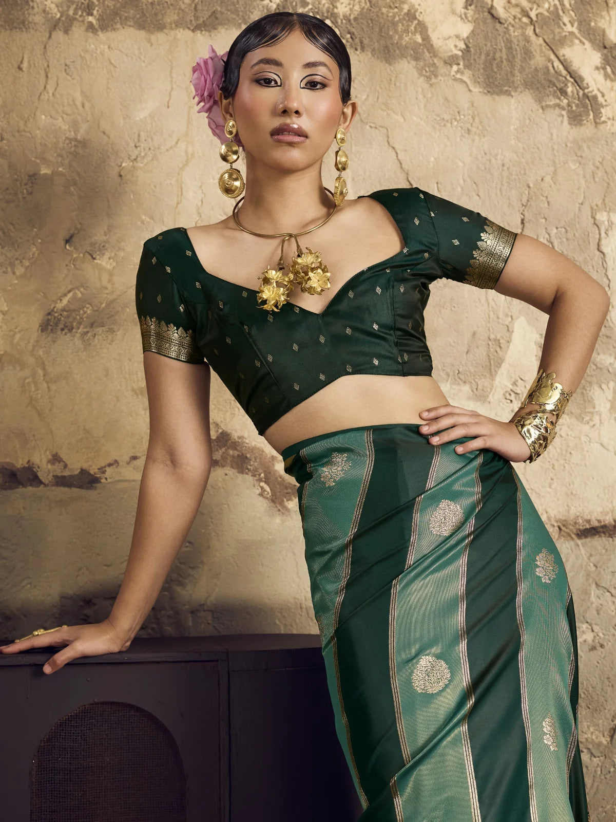 Tarani green pure satin saree upper body blouse detail