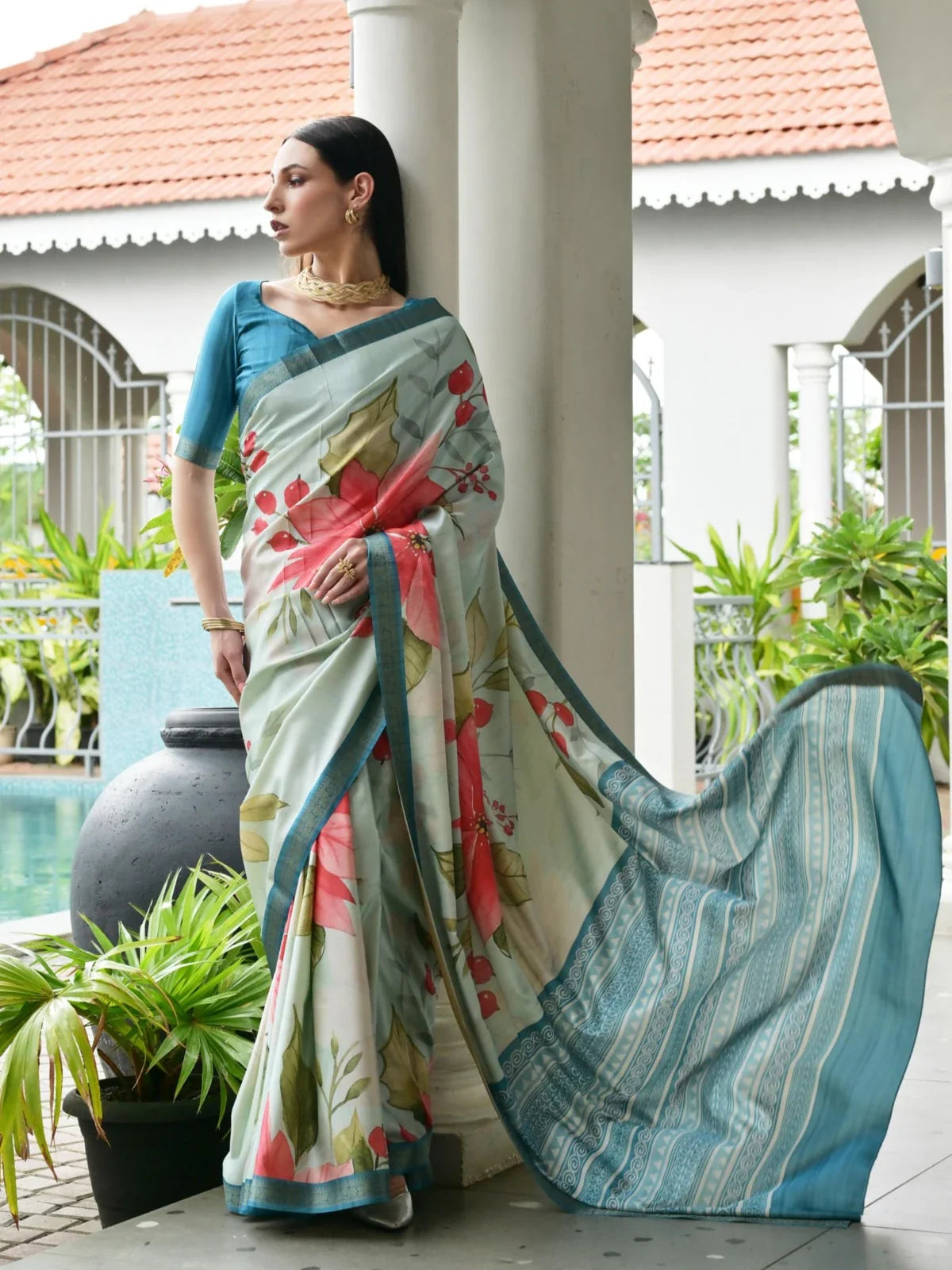 Tarani soft satin light blue saree with floral hand painting and printed pallu full view
