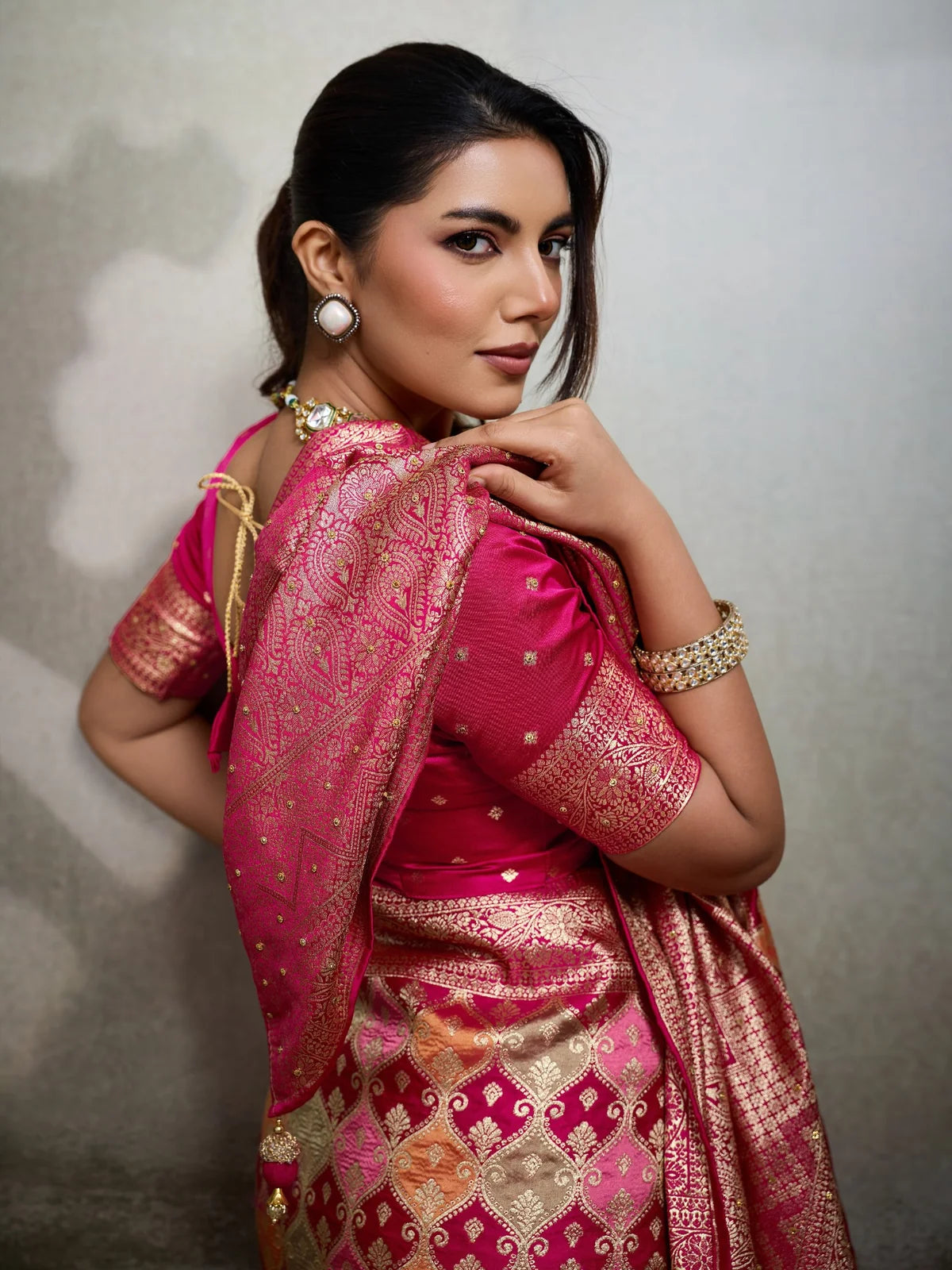 Tarani pure satin jacquard magenta saree with tricolor Minakari weaving blouse-view view