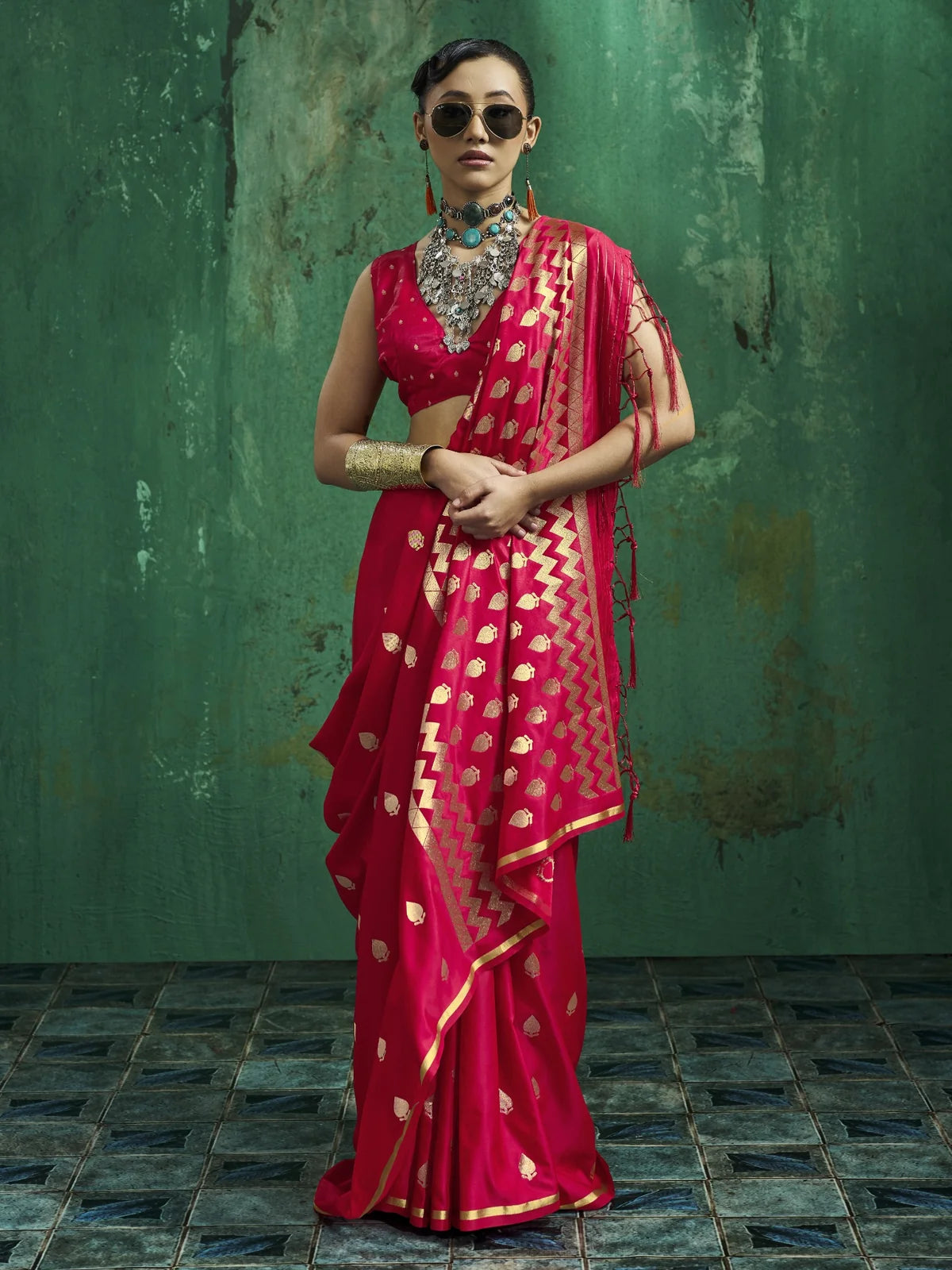 Tarani Kalpita front view pure satin handloom saree with woven pallu and zari motifs