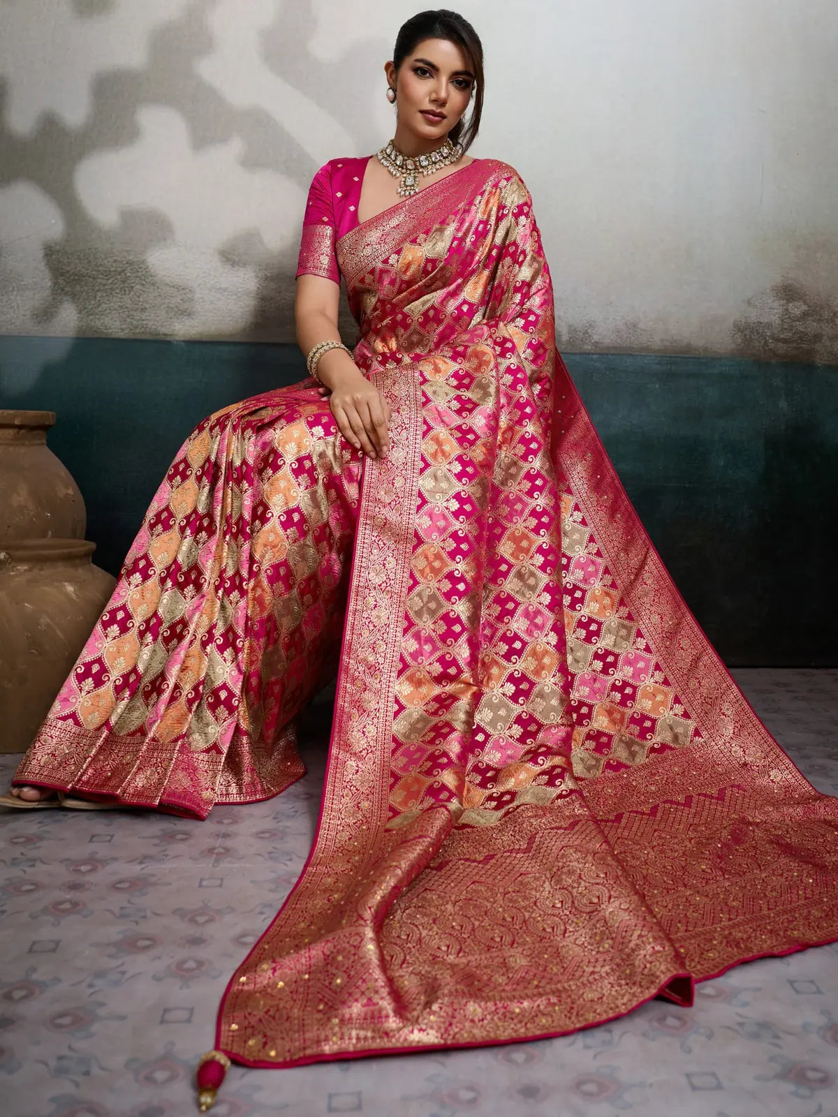 Tarani pure satin jacquard magenta saree with tricolor Minakari weaving full-view view