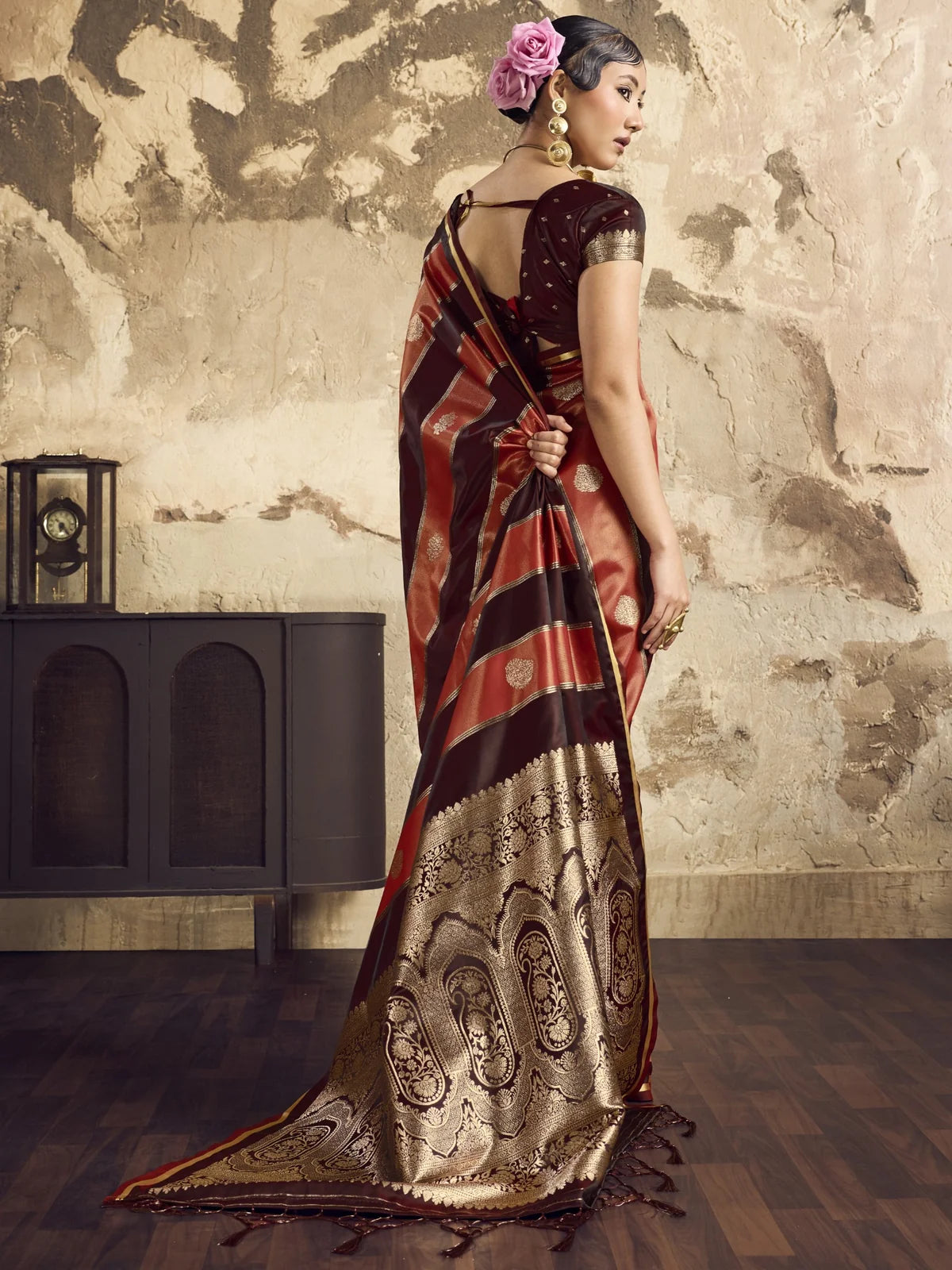 Tarani maroon satin saree back view with ornate pallu