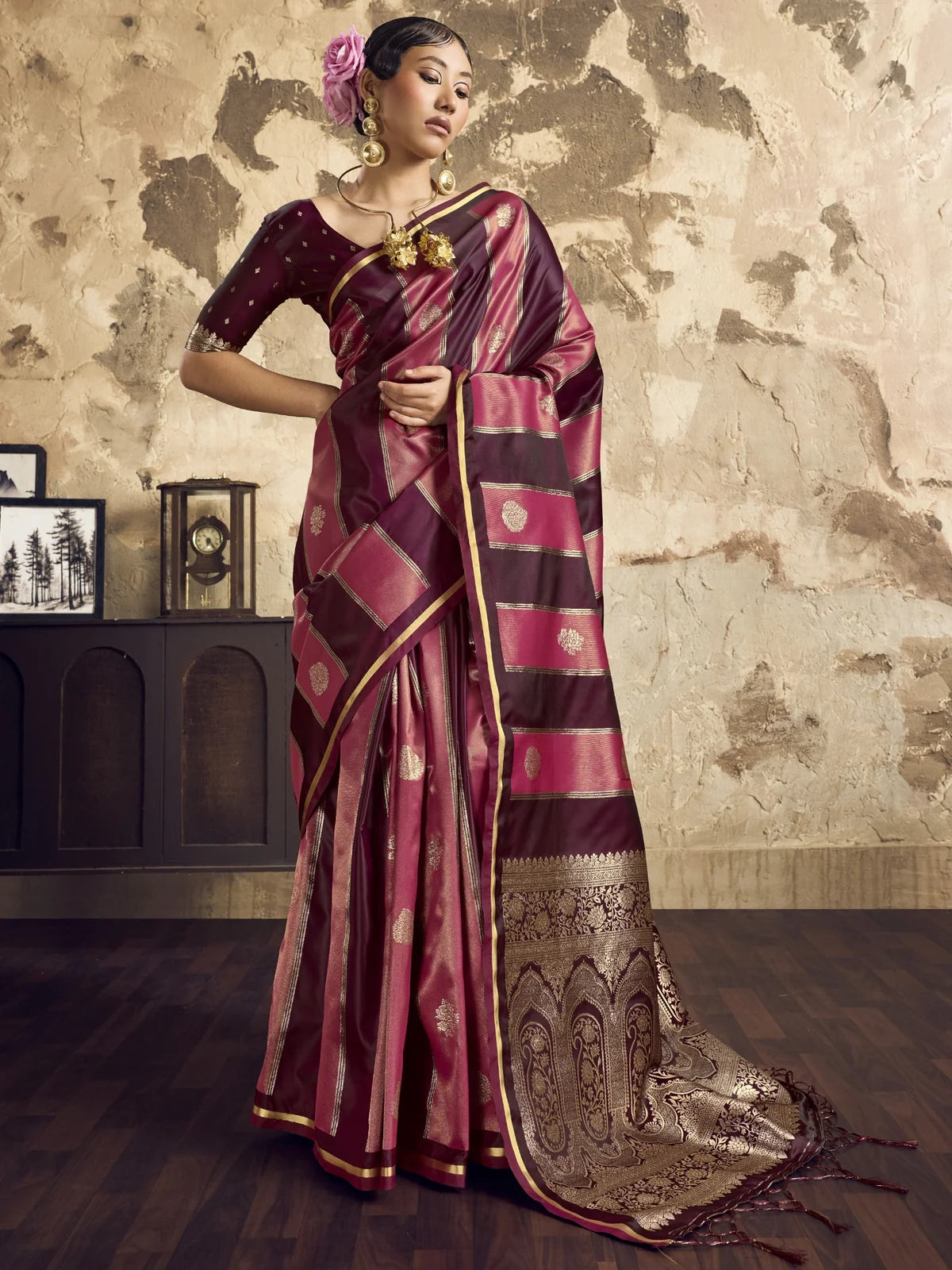 Tarani pure satin maroon handloom saree full-view with woven border