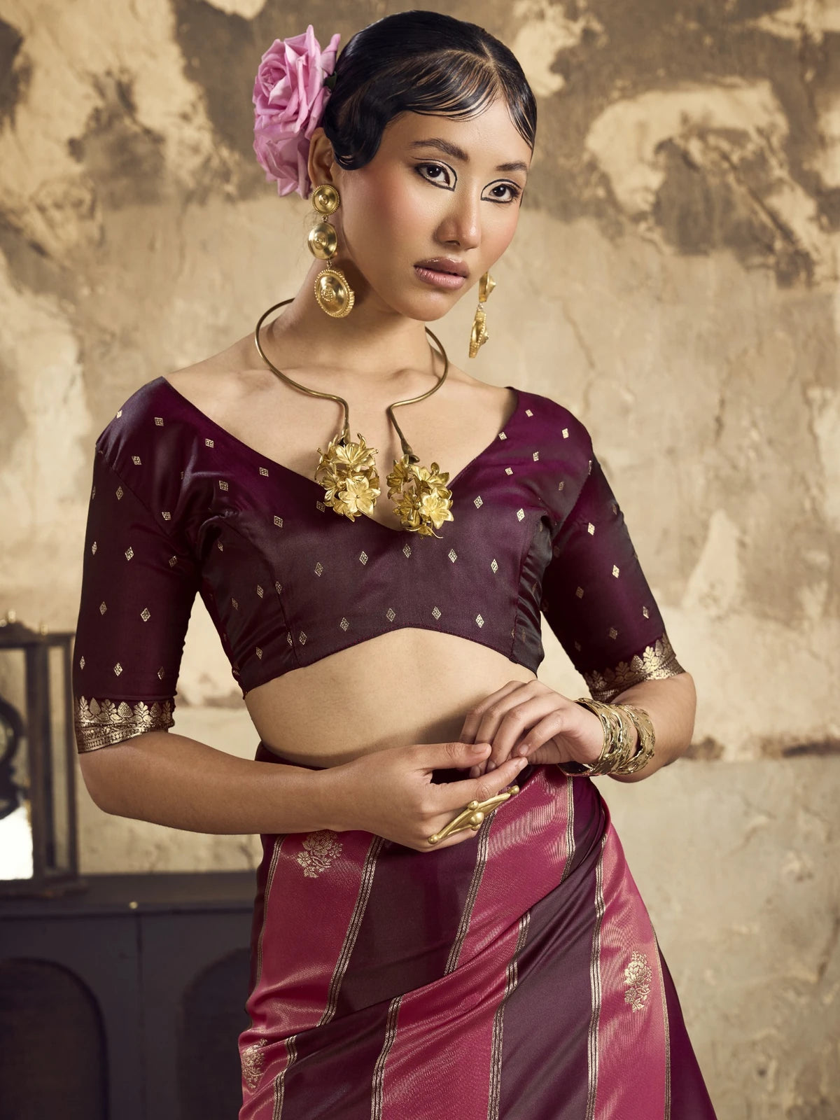 Tarani pure satin maroon handloom saree upper-body-view with woven border