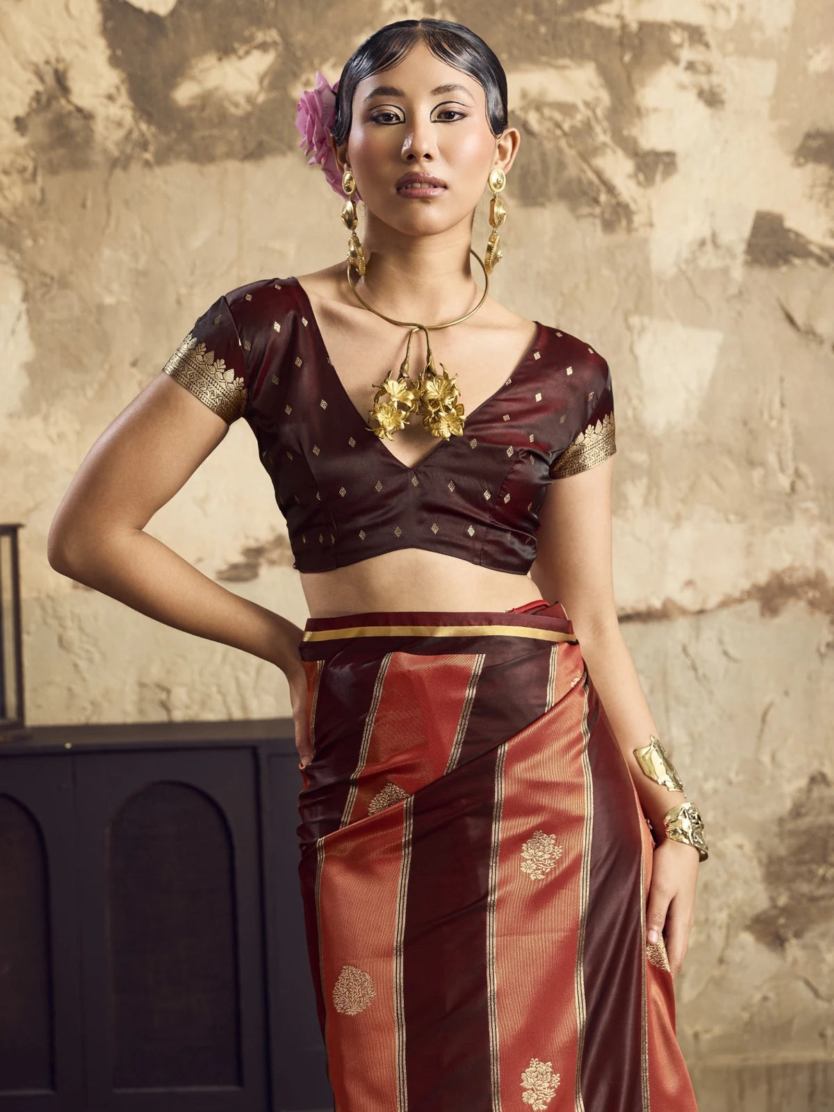 Tarani Pure Satin maroon saree upper body view showing blouse and weave