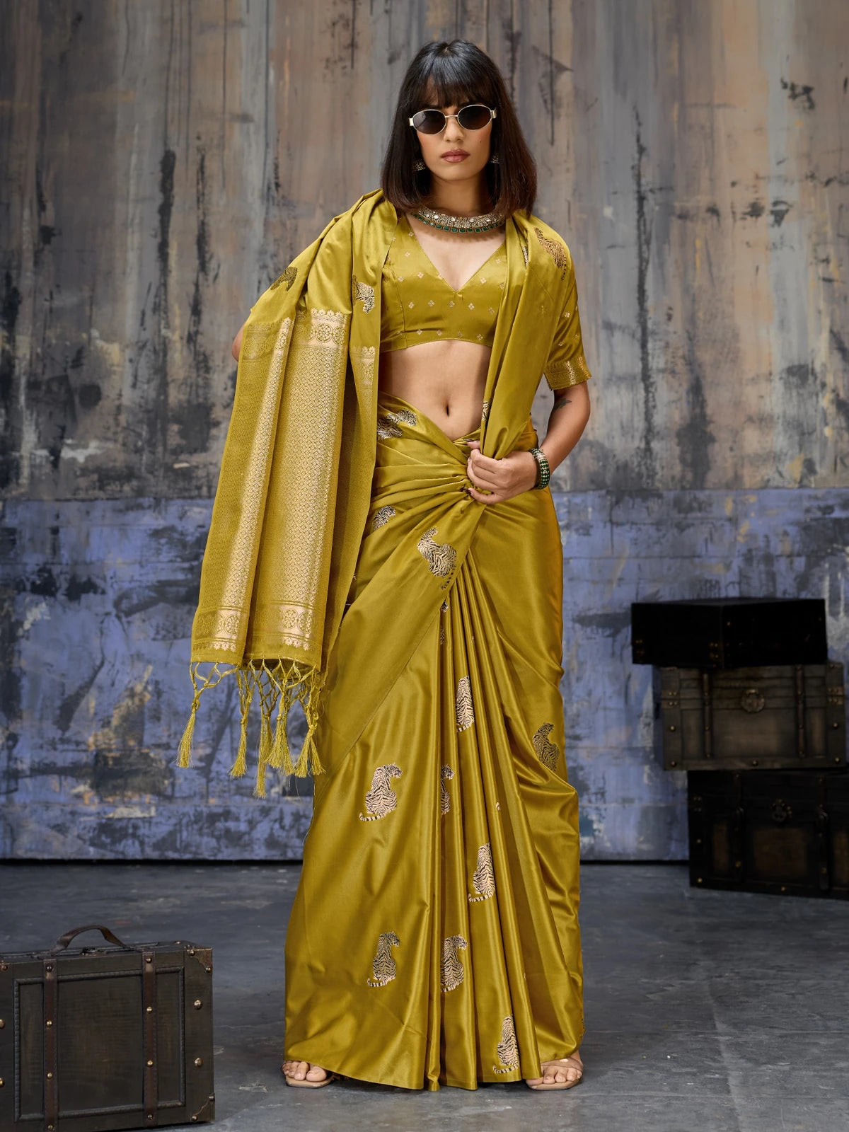 Tarani mustard party wear satin saree front view with stylish drape and woven motifs