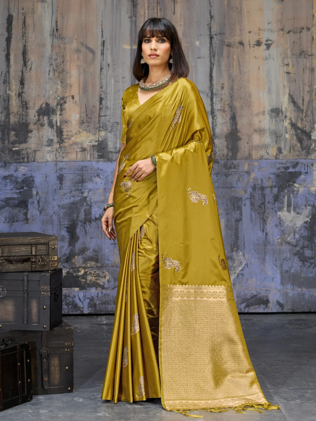 Tarani mustard satin handloom saree full view with woven border and blouse piece