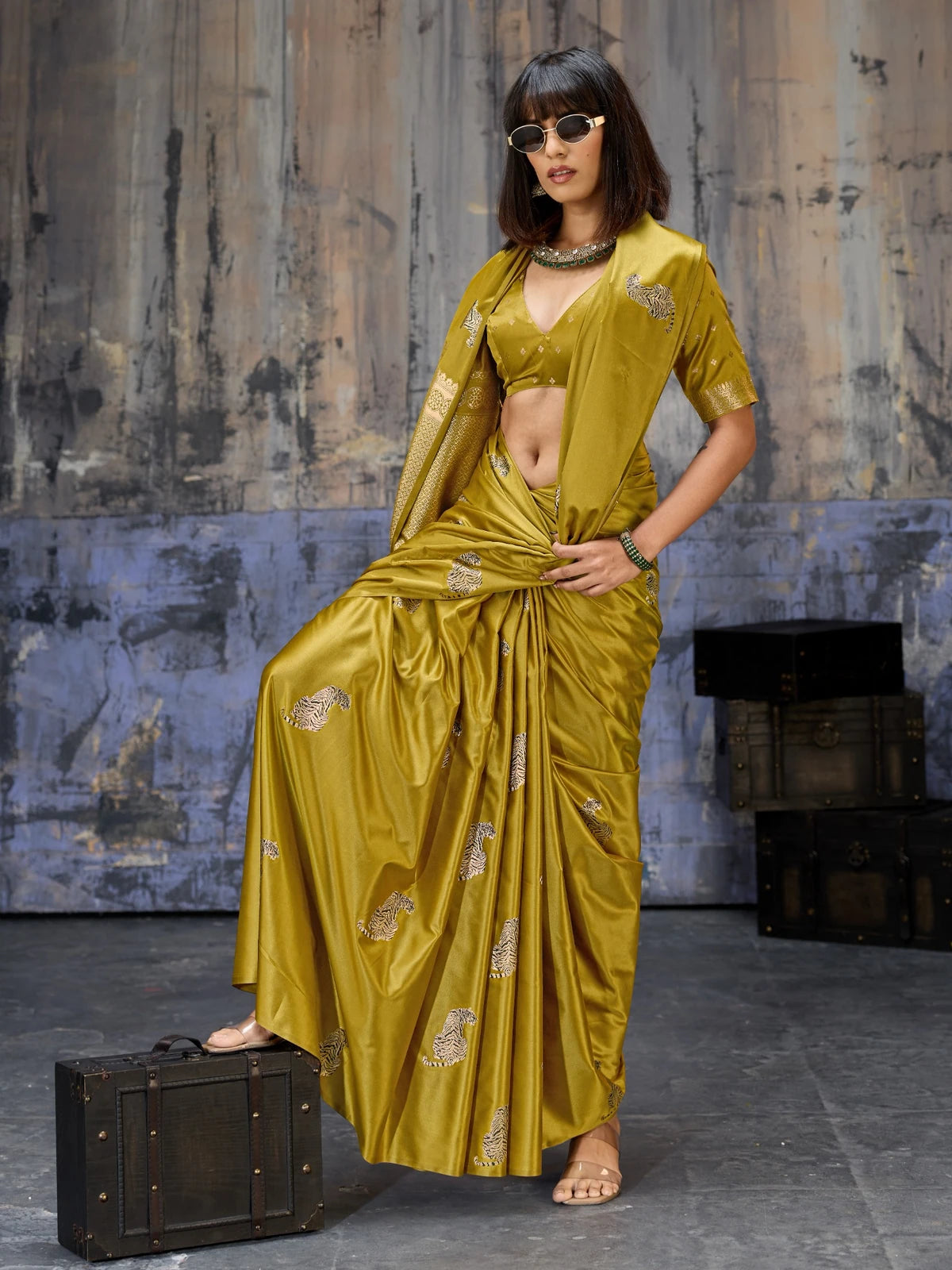 Tarani satin handloom saree side pose with rich pallu and festive woven detailing