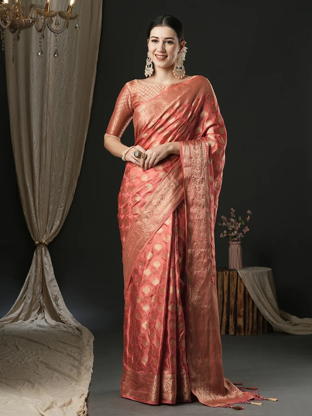 Tarani premium peach satin silk saree with zari weaving and blouse for weddings and festivities