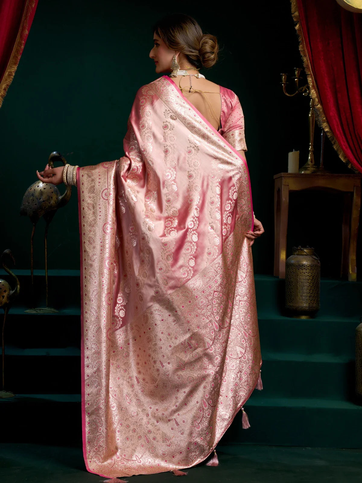 Tarani soft pink satin silk saree full back view showcasing rich pallu and drape