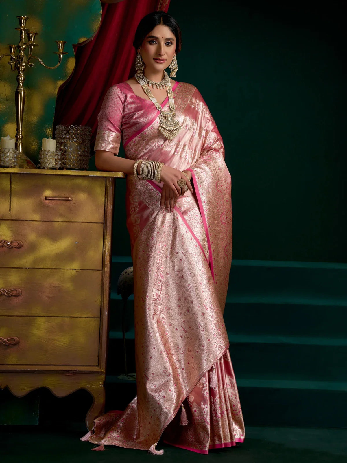 Tarani soft pink satin silk saree with traditional woven design and blouse for party wear