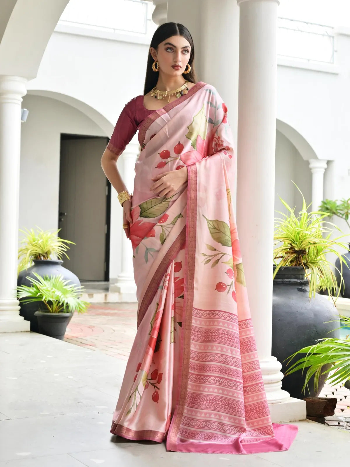 Tarani pink satin saree full view with floral hand-painted motifs and contrast blouse