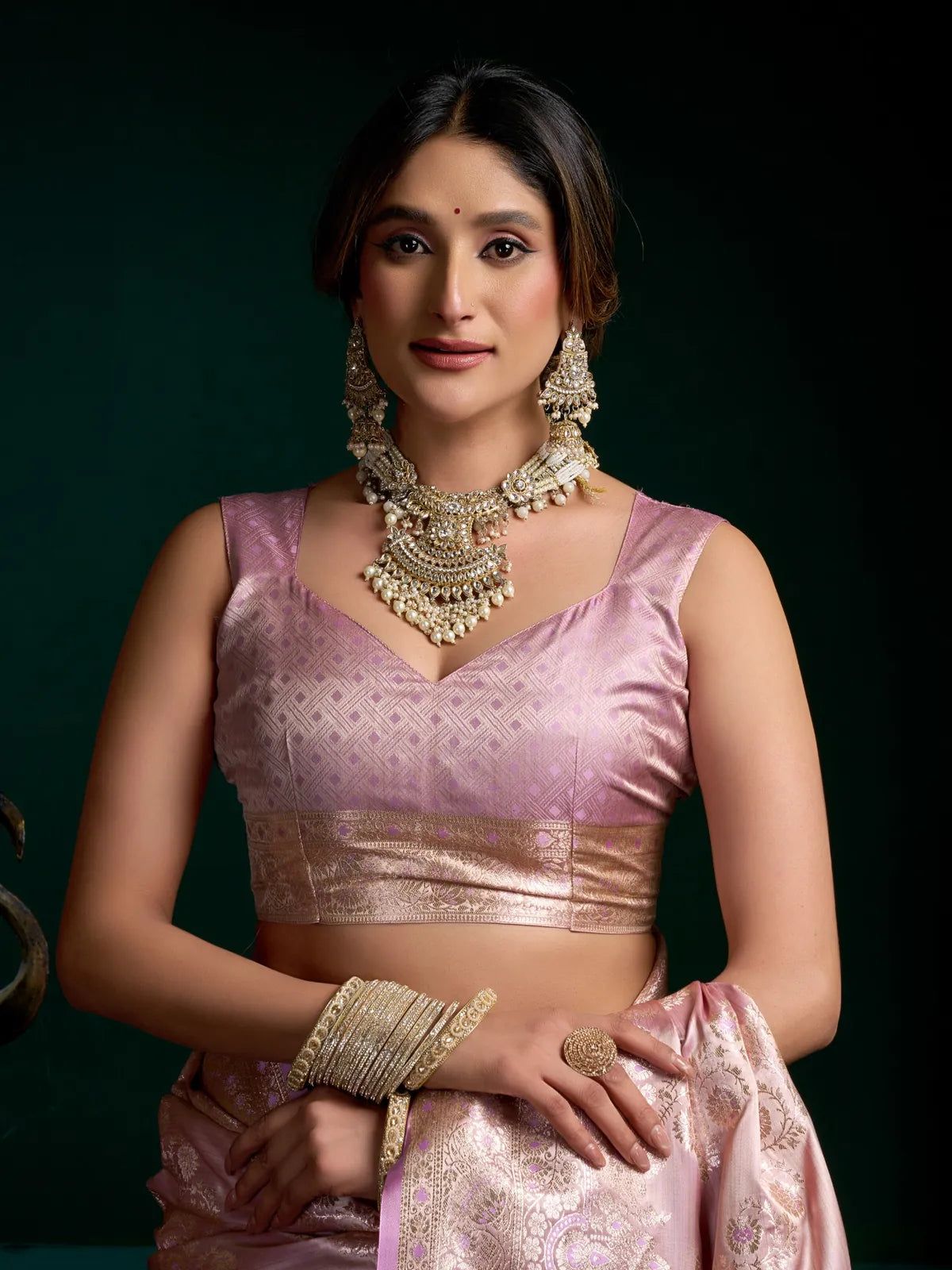 Tarani satin saree close-up showing upper body blouse design and jewellery