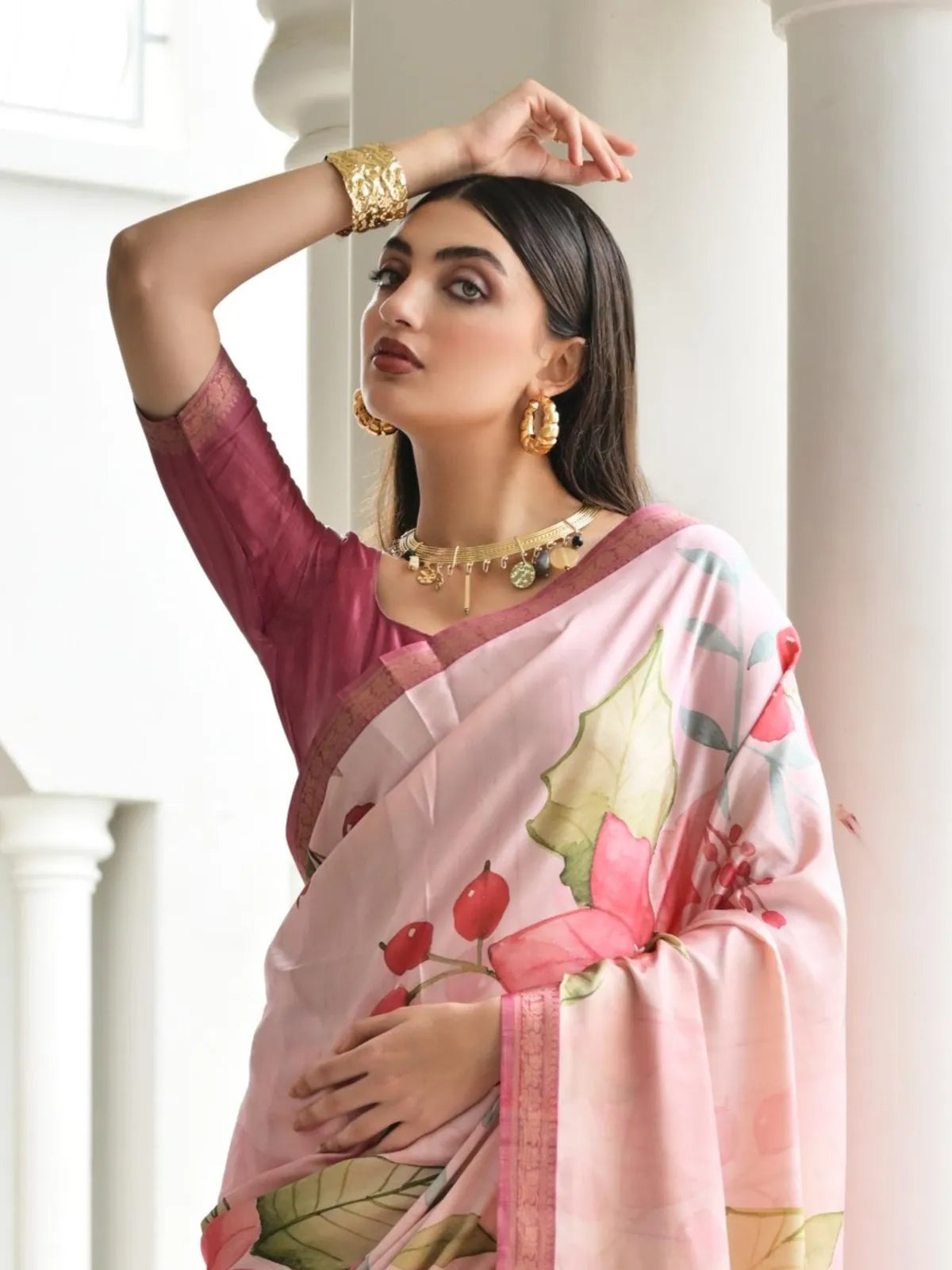 Tarani pink satin saree upper body view showing floral details and maroon blouse