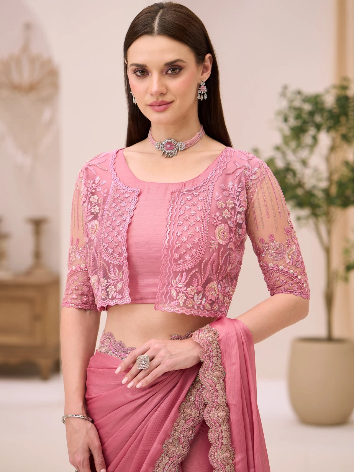 Tarani Meherika powder pink shimmer satin saree with embroidered jacket blouse blouse detail