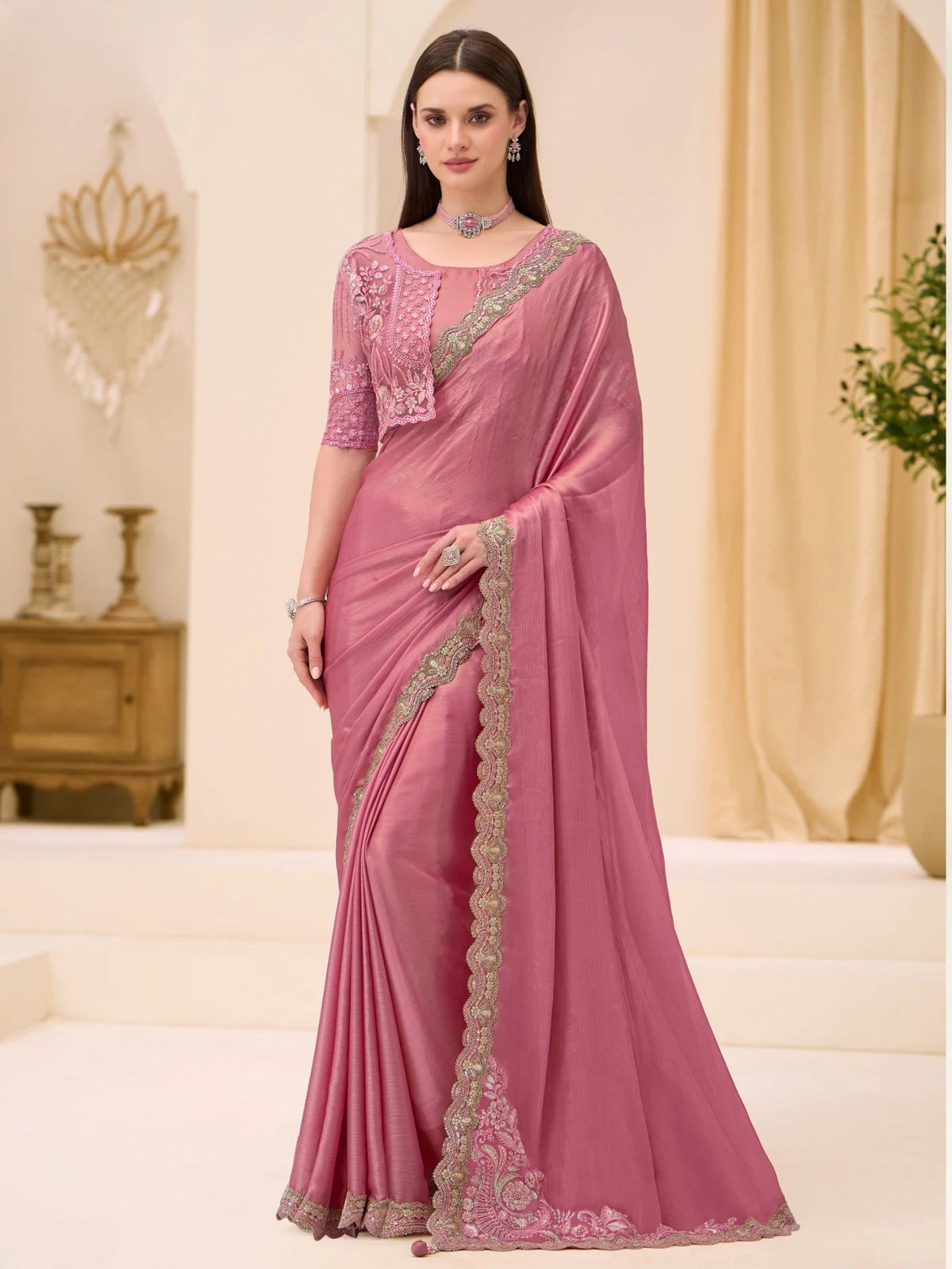 Tarani Meherika powder pink shimmer satin saree with embroidered jacket blouse full view