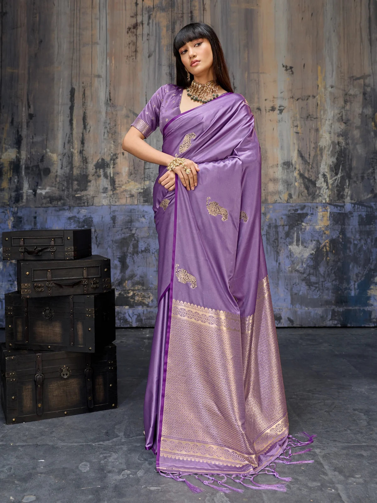Tarani purple satin handloom saree back view with woven pallu and tassel border