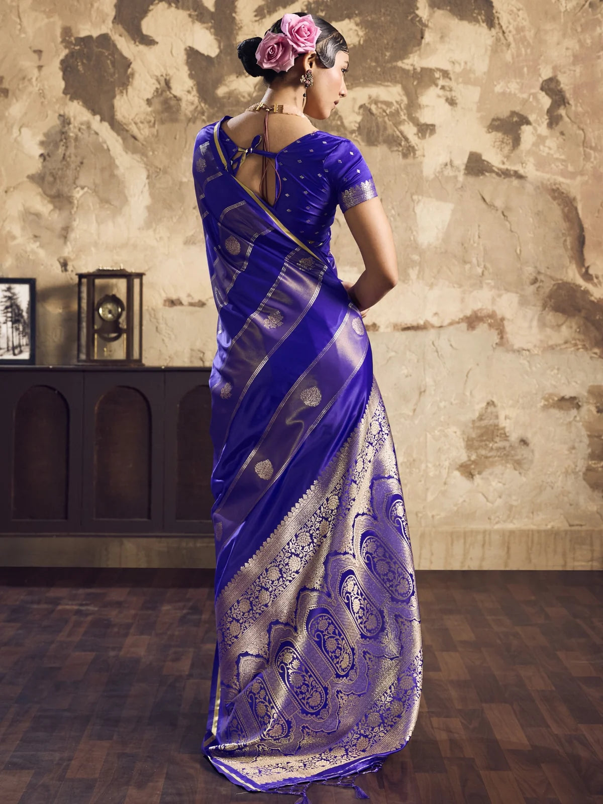 Tarani pure satin purple saree back view with woven border