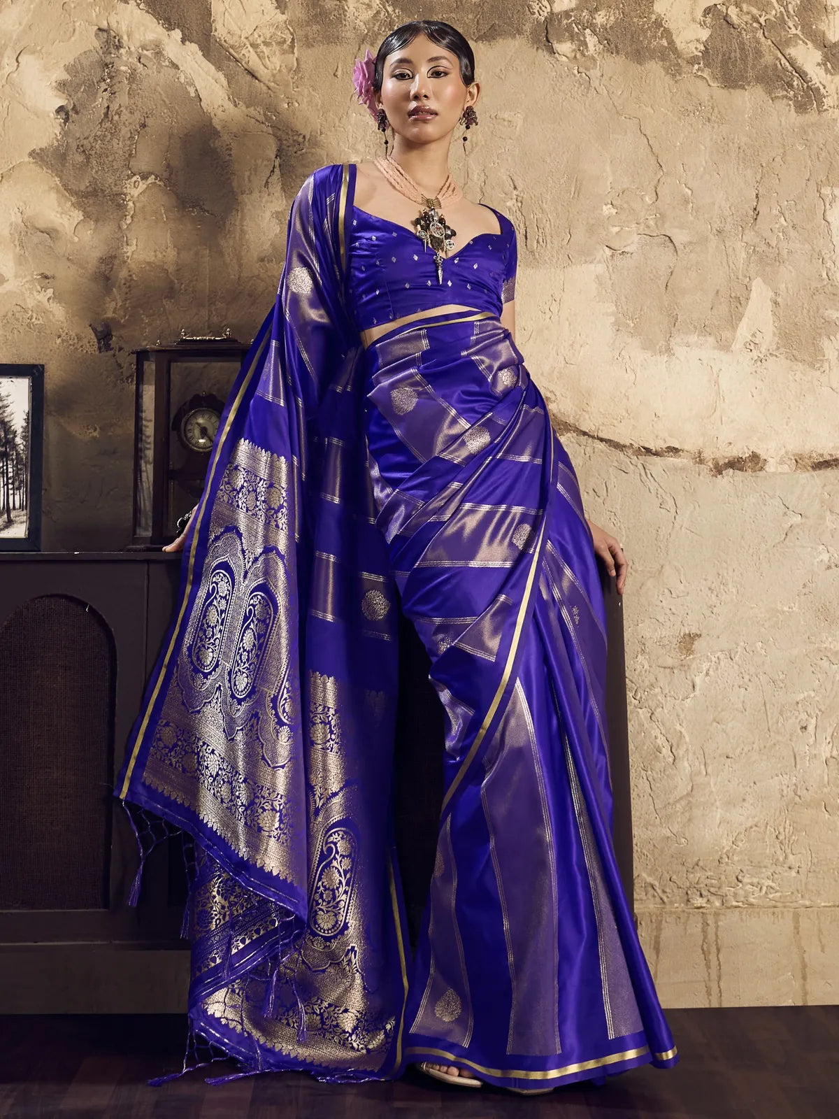 Tarani pure satin purple saree elegant front pose with rich woven pallu