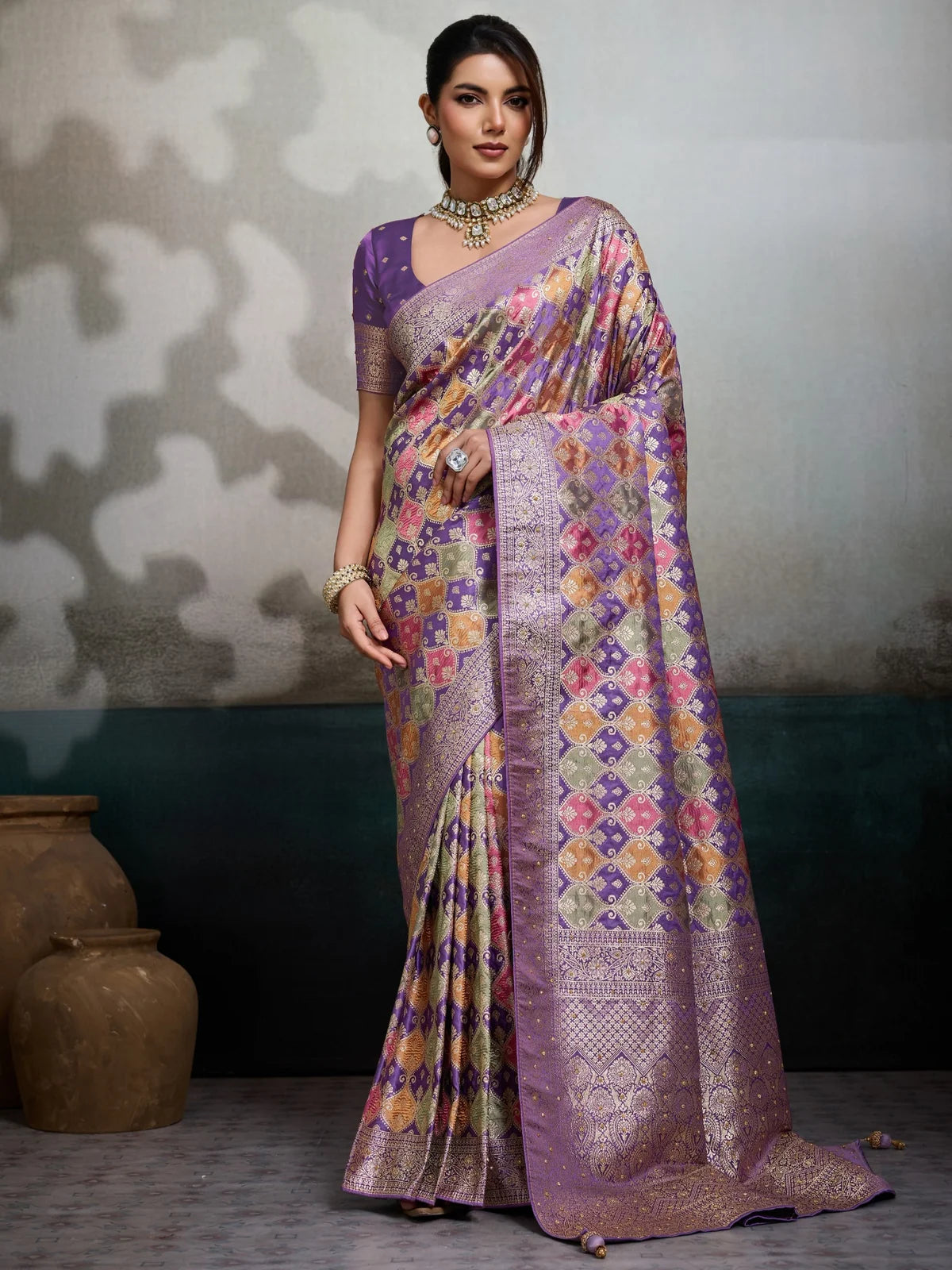Tarani Pure Satin Jacquard purple saree full view with Minakari weaving and embellished blouse