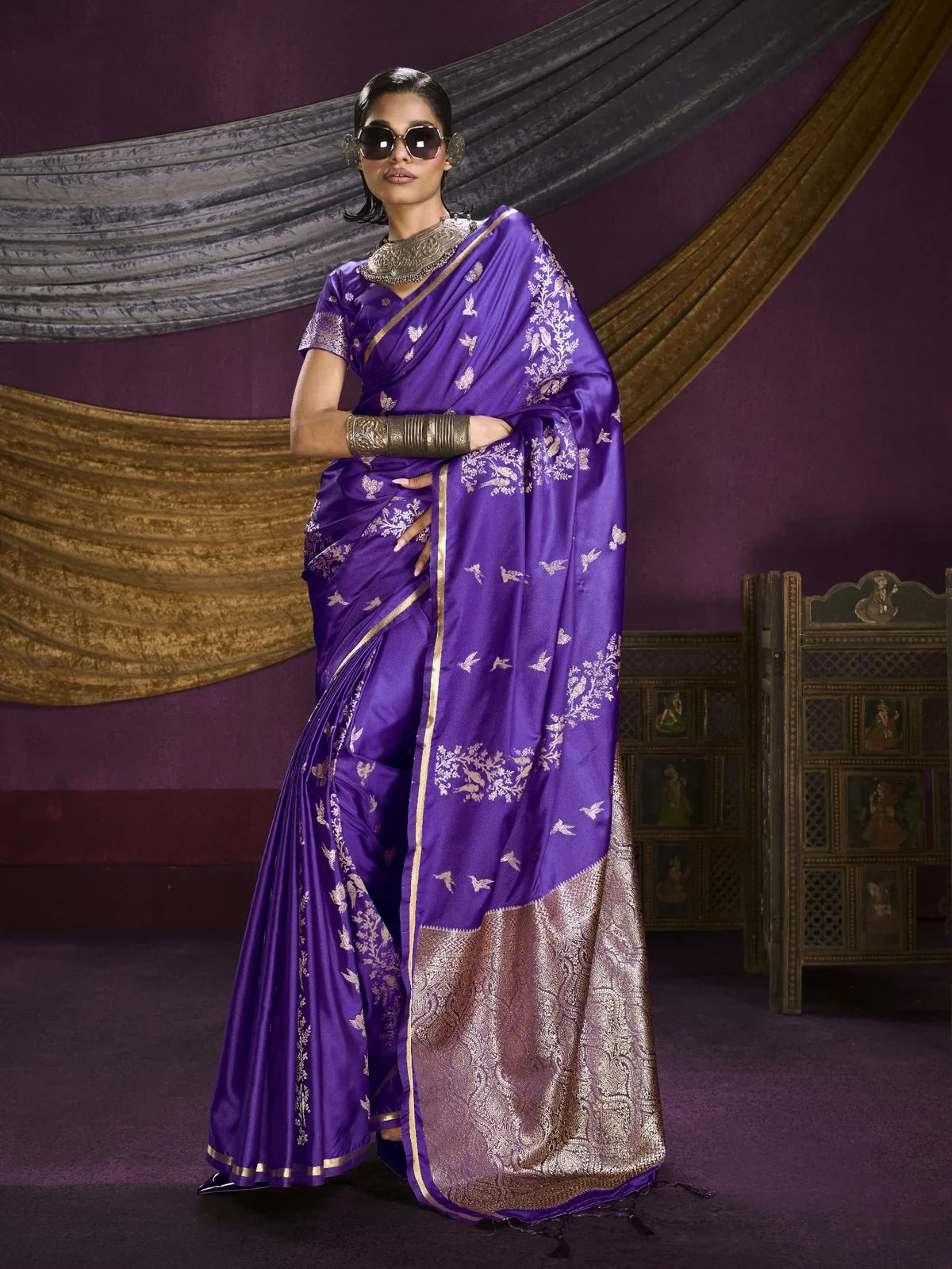 Tarani purple satin saree with woven bird motifs and zari pallu full view