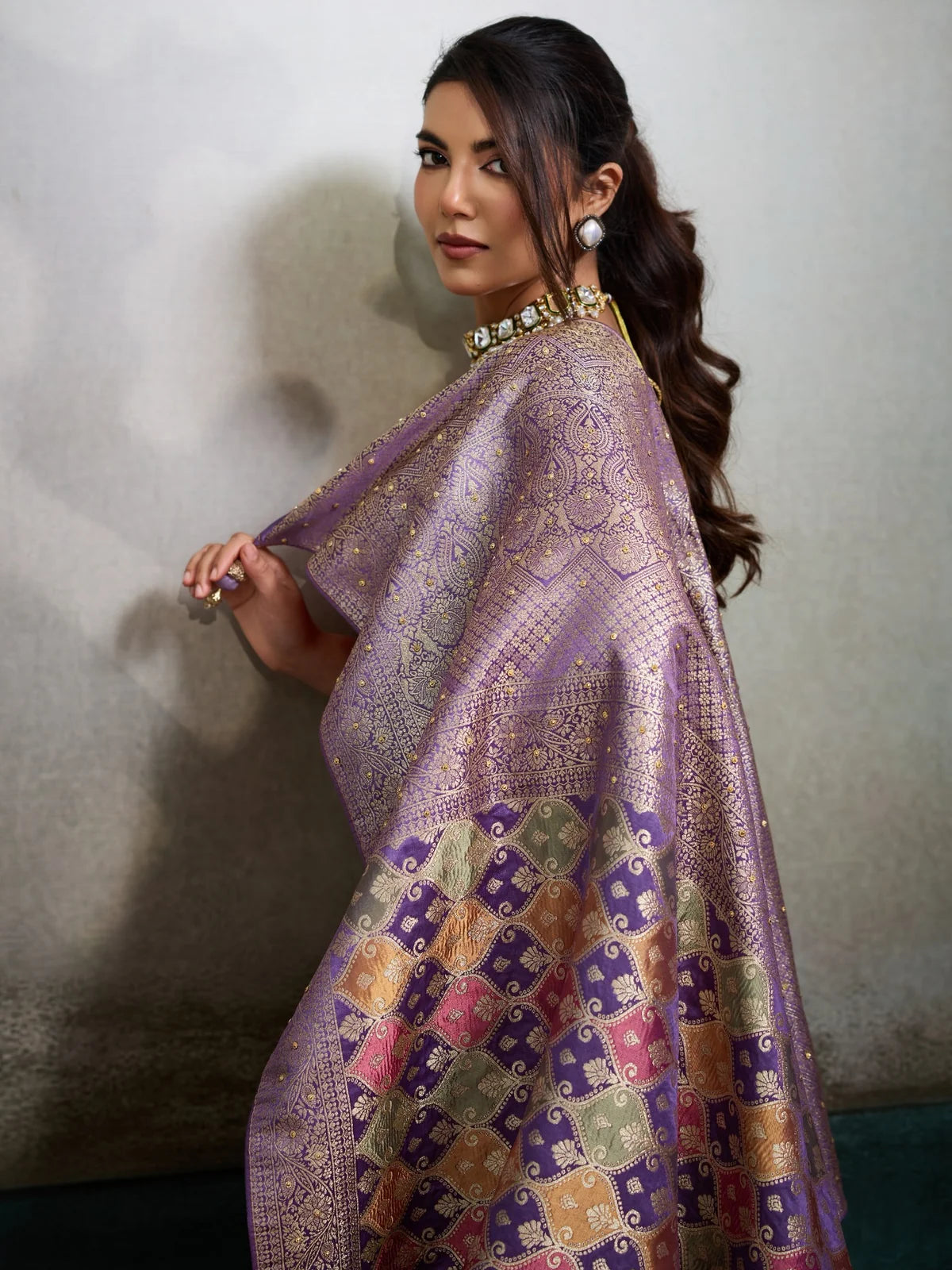Tarani Pure Satin Jacquard purple saree pallu view with stone and pearl handwork