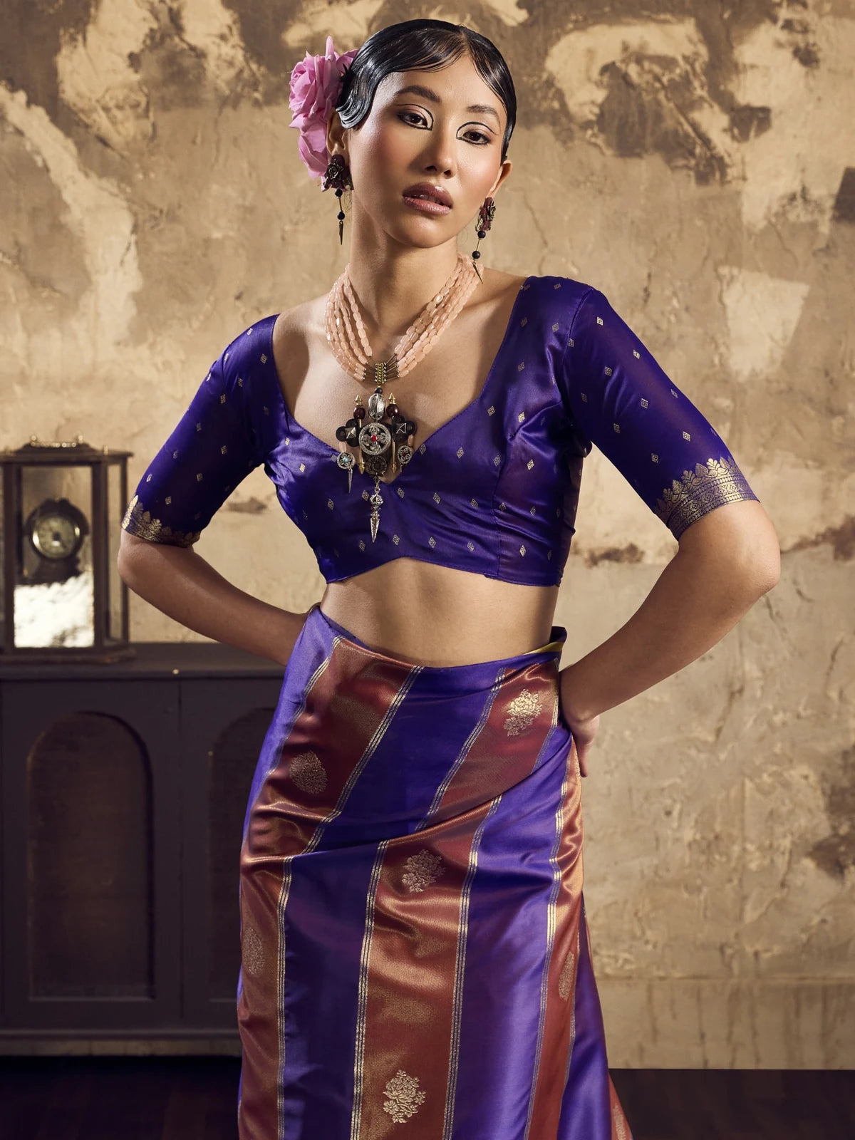 Tarani pure satin purple saree upper-body-view