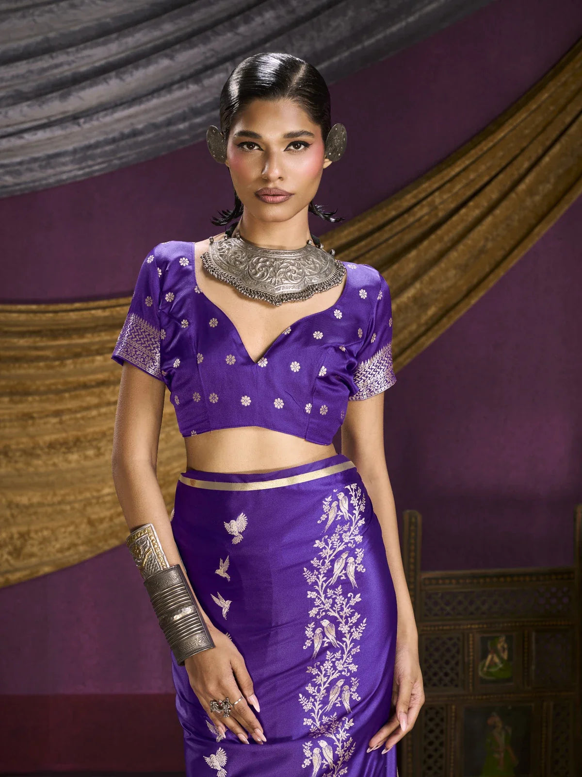 Tarani purple satin saree upper body with blouse and neckpiece styling