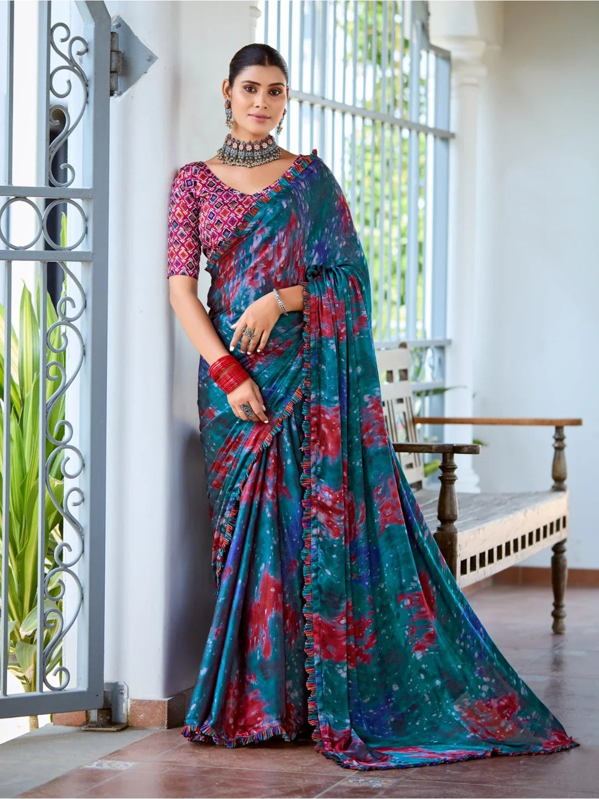 Tarani premium teal satin saree full view with elegant festive drape