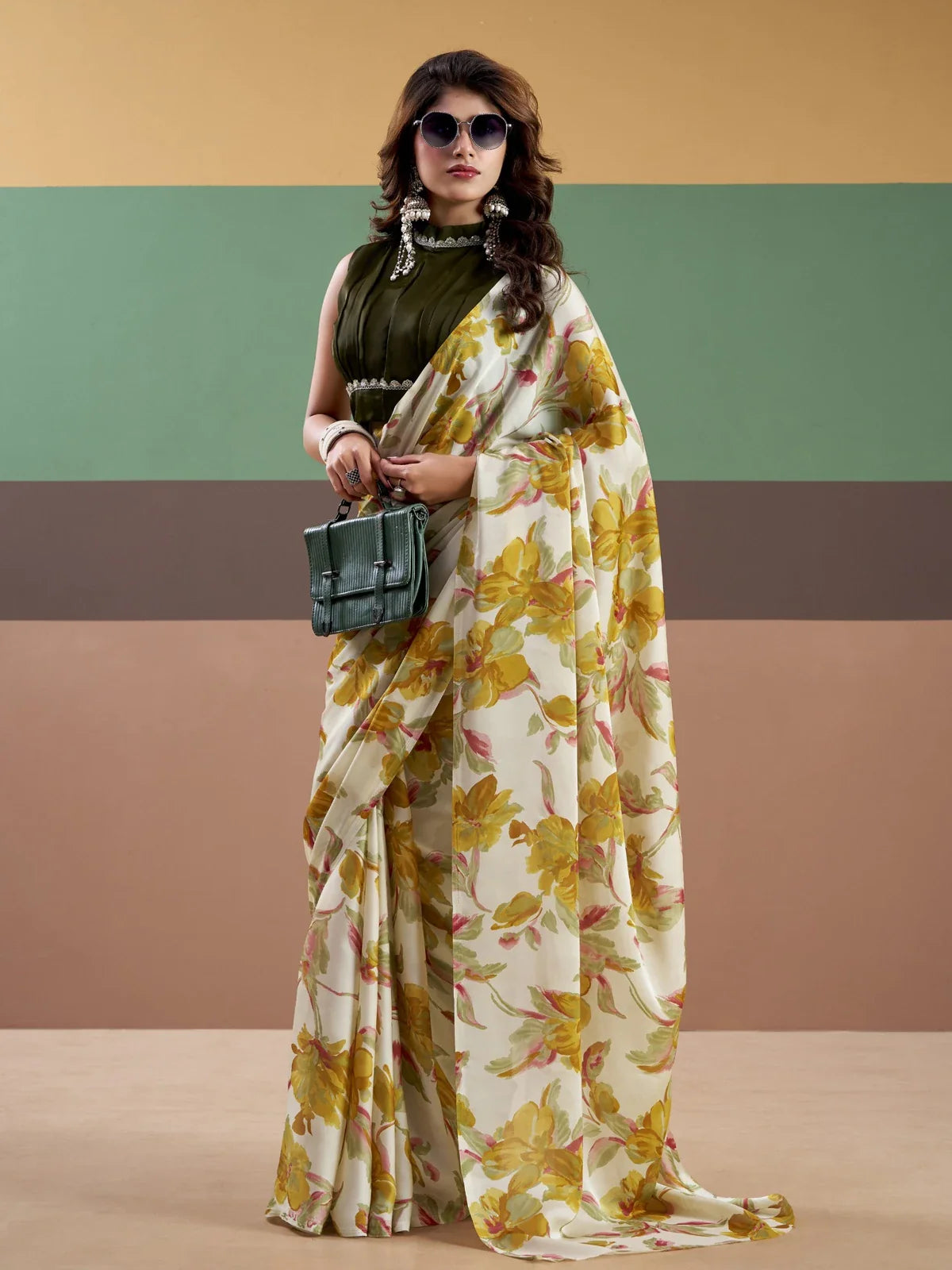 Tarani white satin silk floral saree with stitched blouse front full view