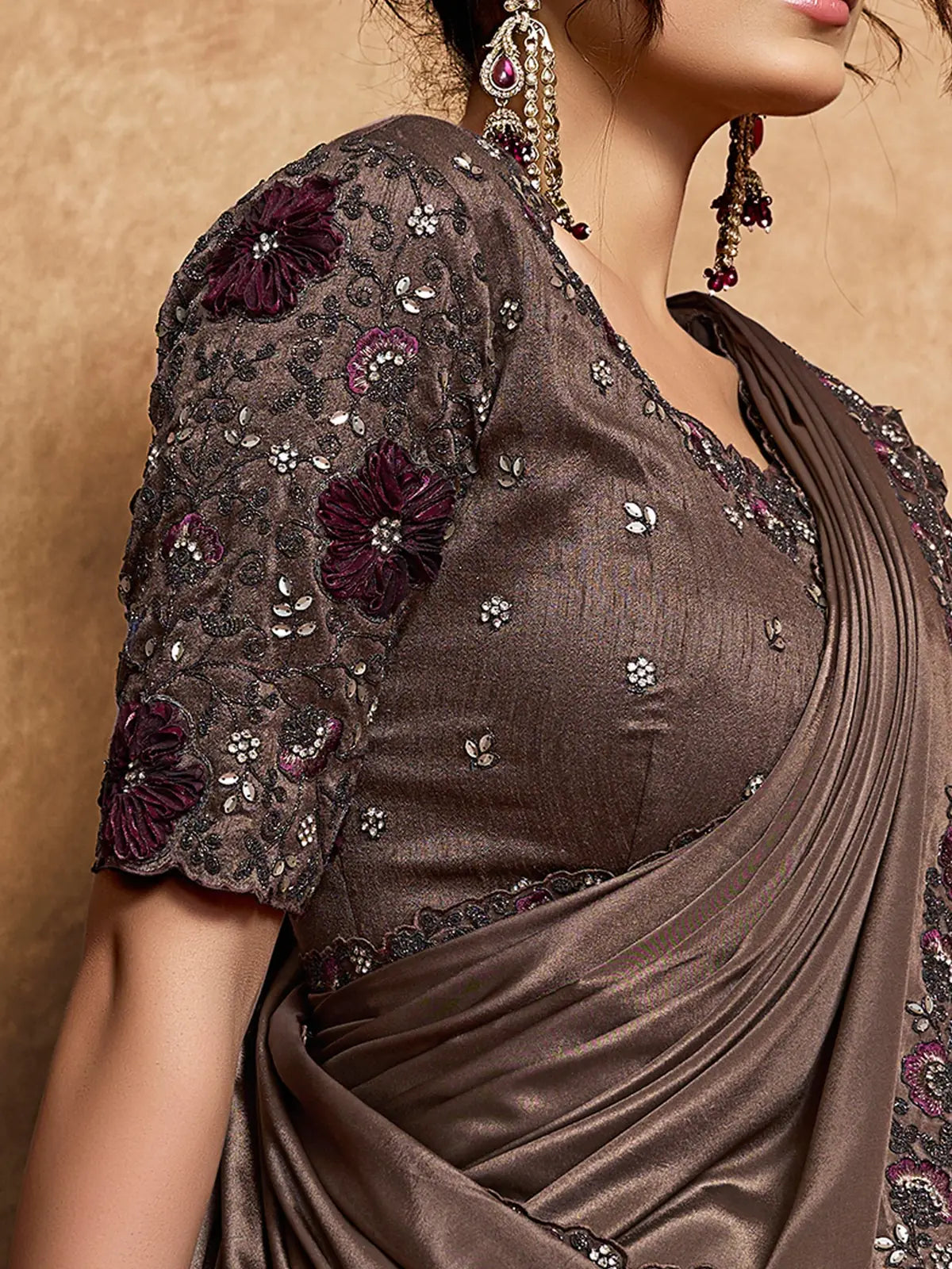 Tarani Harshita closeup of embroidered raw slub silk blouse with stone and floral applique work