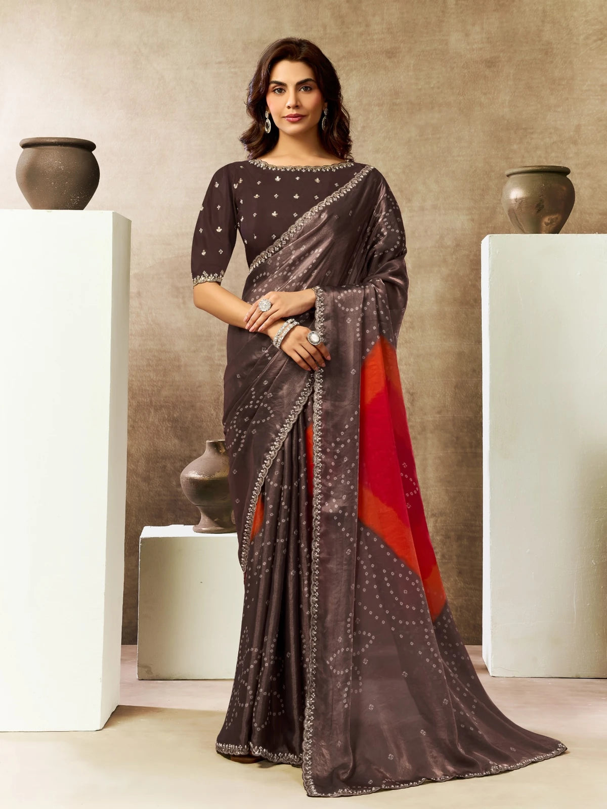 Tarani Sucharita brown satin silk saree full view with Bandhani print and embellished natural silk blouse