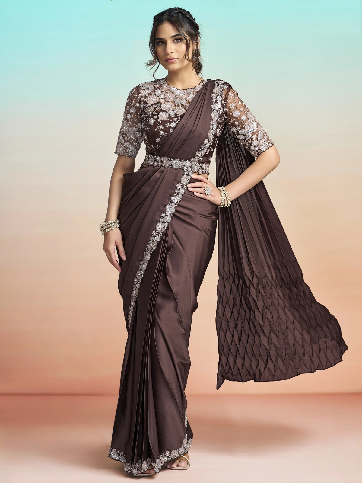 Tarani Krisha brown satin silk ready to wear saree with floral sequin pearl embroidery full view