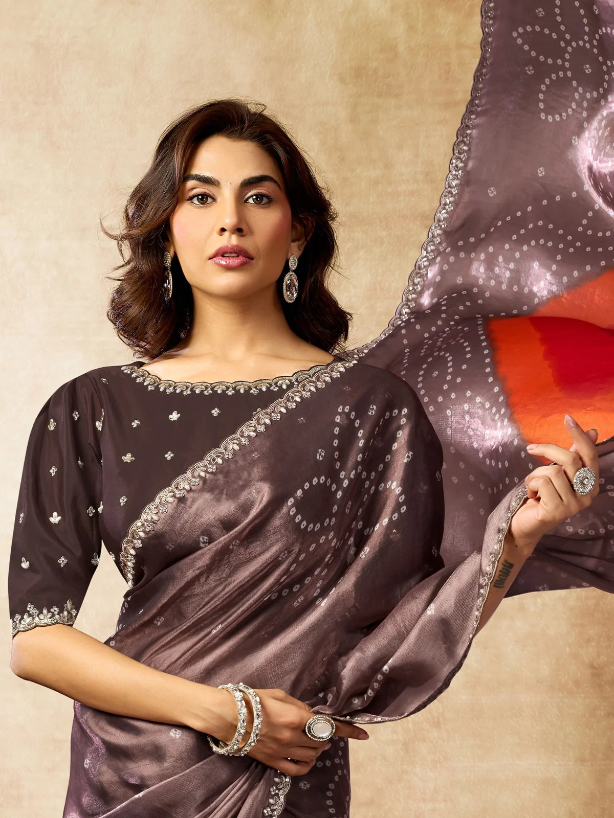 Tarani Sucharita brown satin silk saree pallu view showcasing Bandhani digital print and border work