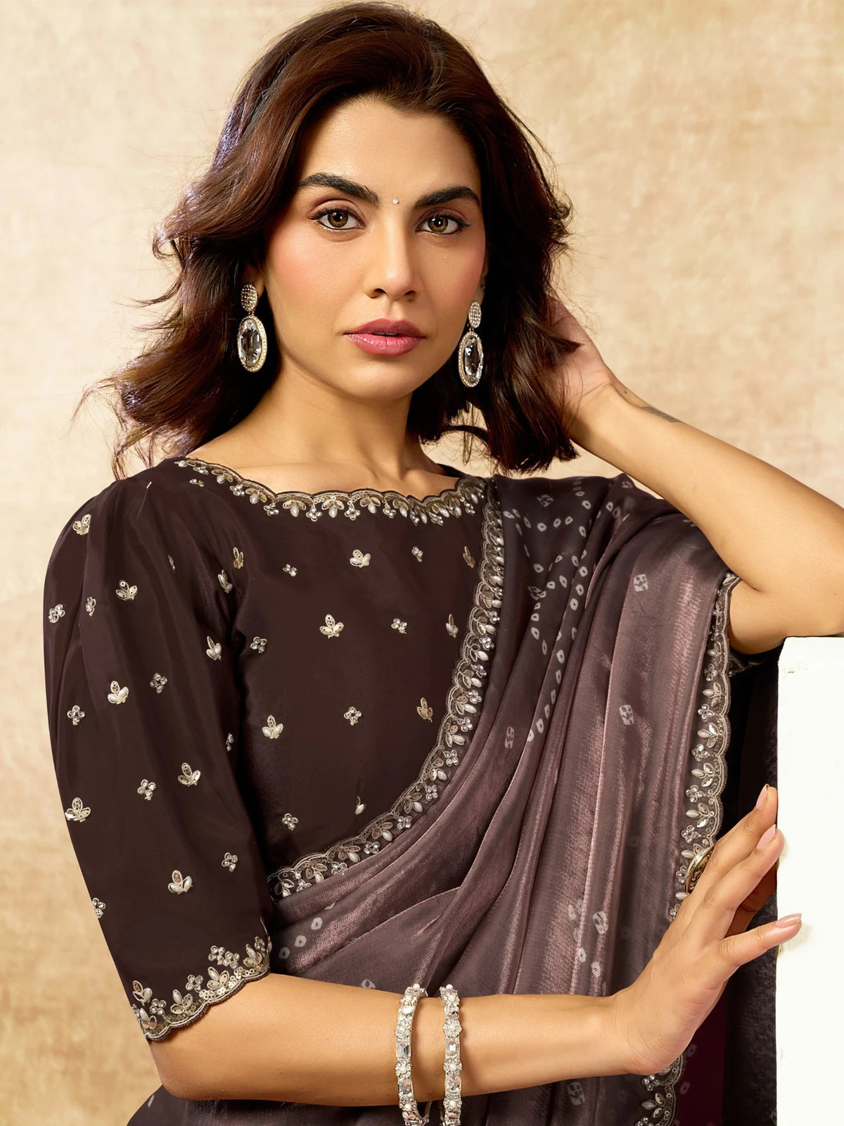 Tarani Sucharita brown satin silk saree upper body view with pearl stone handwork blouse details