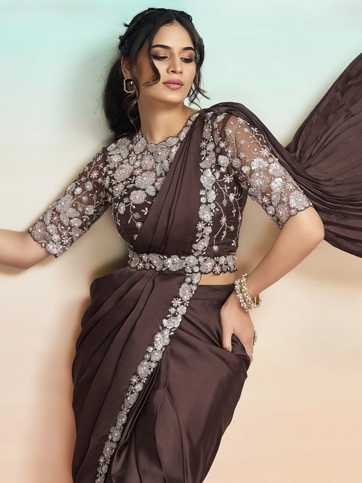 Tarani Krisha brown satin silk ready to wear saree with embroidered tissue silk blouse upper body view